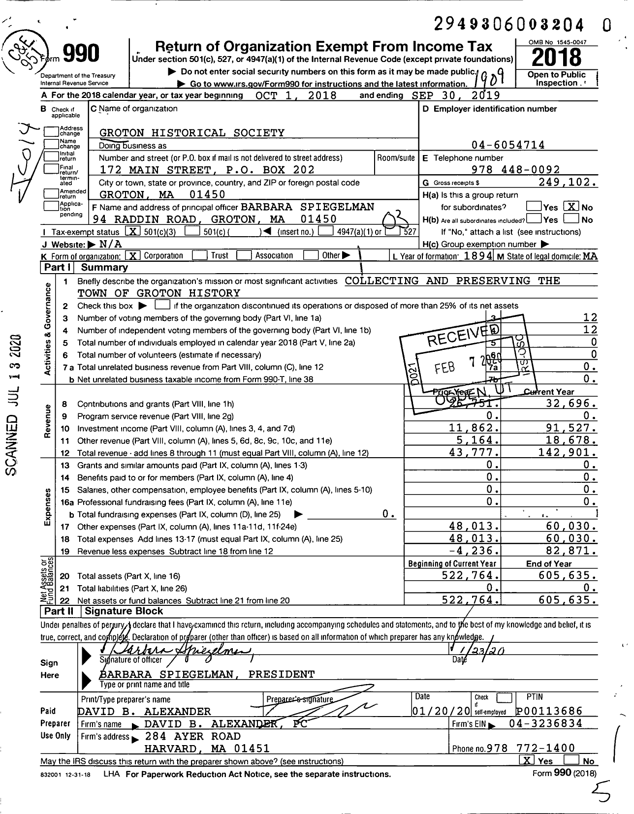 Image of first page of 2018 Form 990 for Groton Historical Society