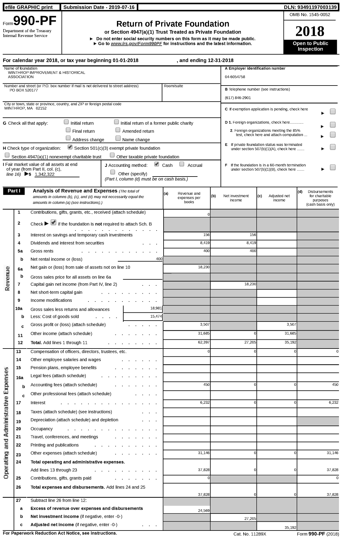 Image of first page of 2018 Form 990PF for Winthrop Improvement and Historical Association