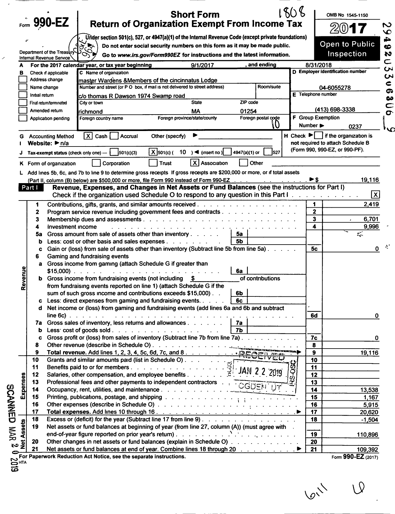 Image of first page of 2017 Form 990EO for Massachusetts Freemasons - Cincinnatus Lodge