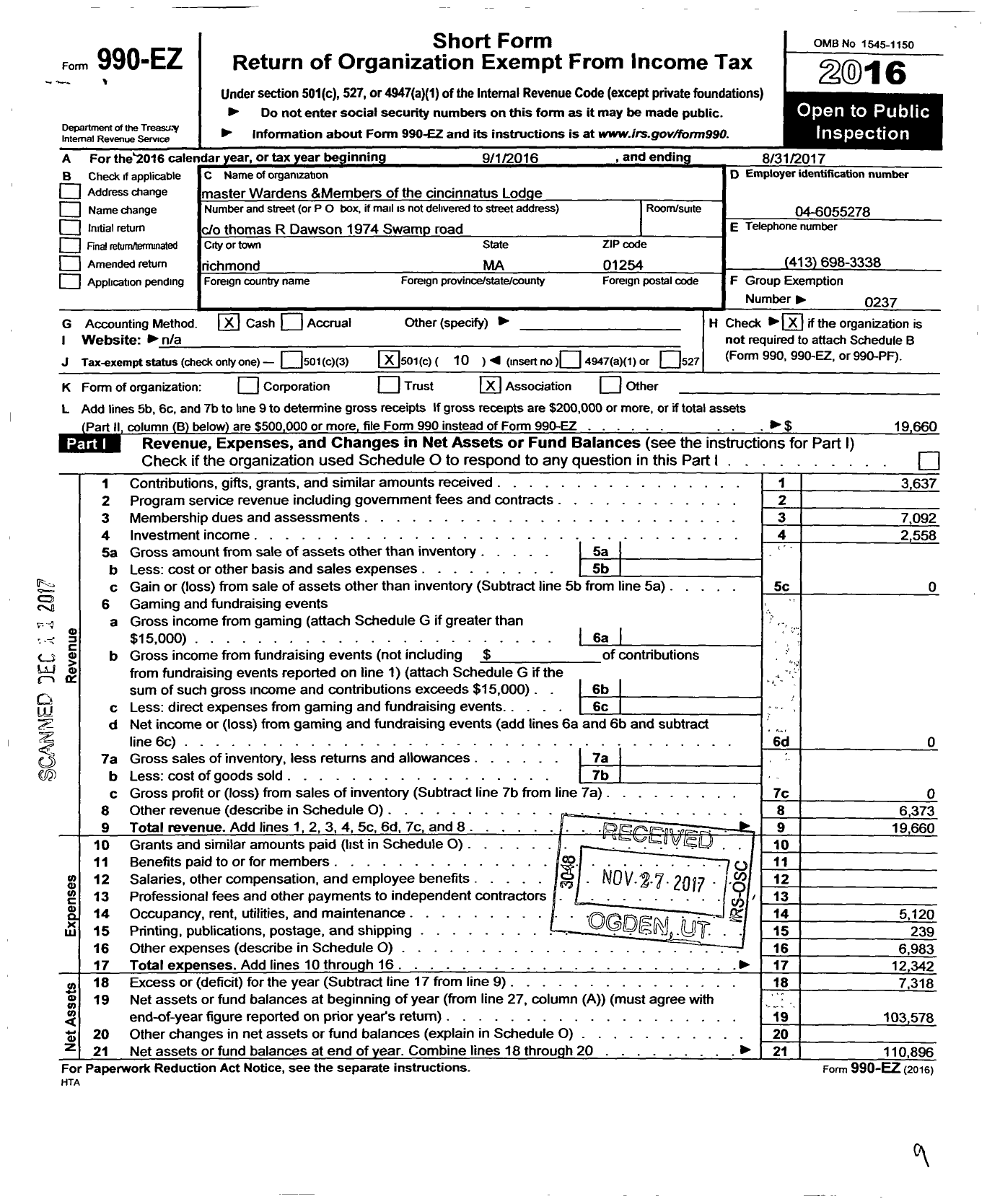 Image of first page of 2016 Form 990EO for Massachusetts Freemasons - Cincinnatus Lodge