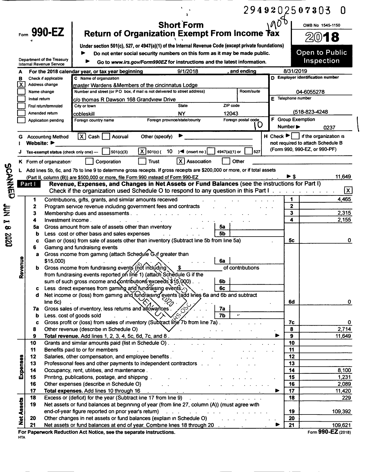 Image of first page of 2018 Form 990EO for Massachusetts Freemasons - Cincinnatus Lodge