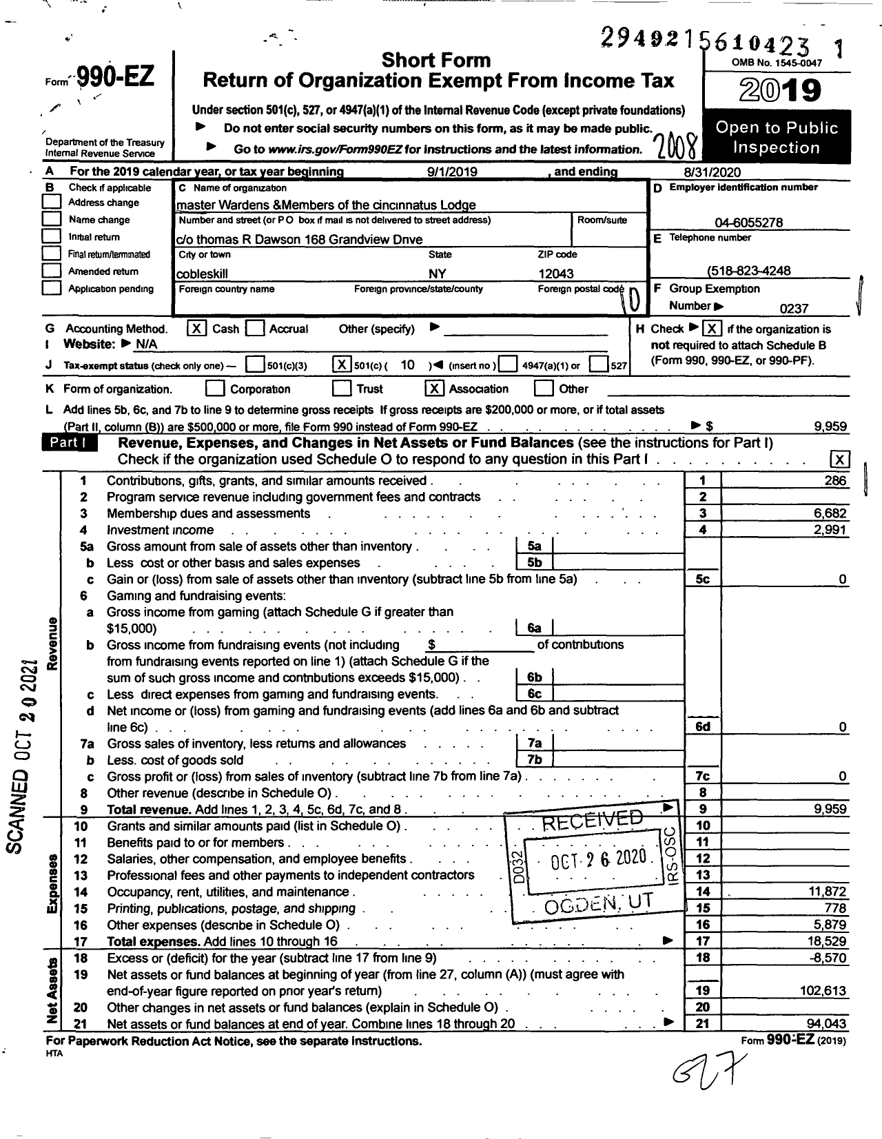 Image of first page of 2019 Form 990EO for Massachusetts Freemasons - Cincinnatus Lodge