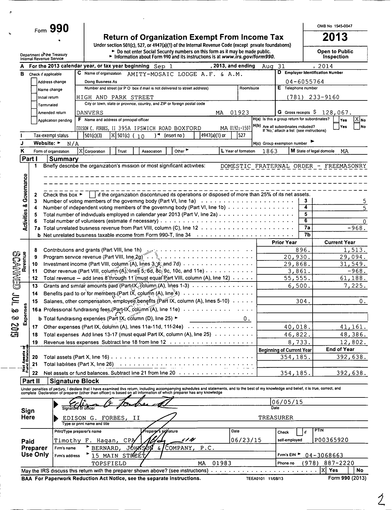 Image of first page of 2013 Form 990O for Amity Mosaic Lodge Af and Am