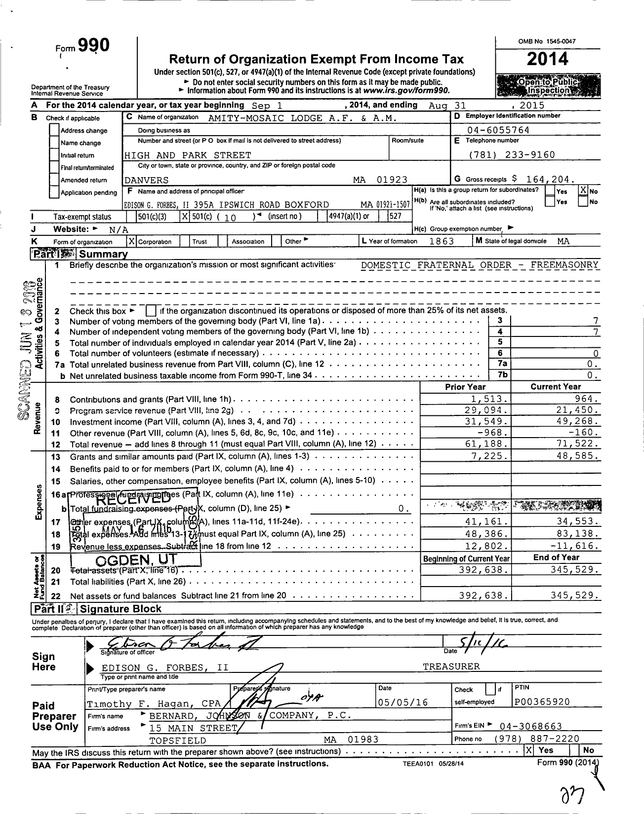 Image of first page of 2014 Form 990O for Amity Mosaic Lodge Af and Am