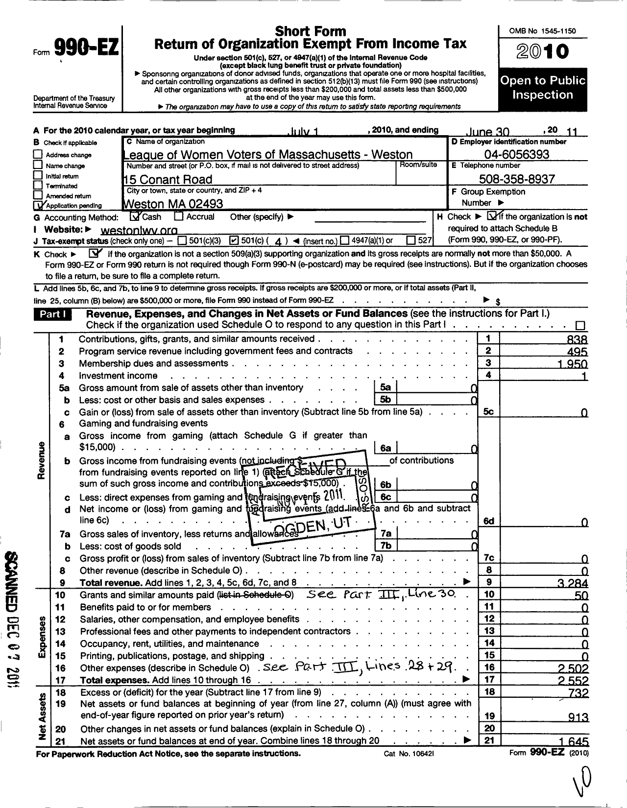 Image of first page of 2010 Form 990EO for League of Women Voters of Massachusetts