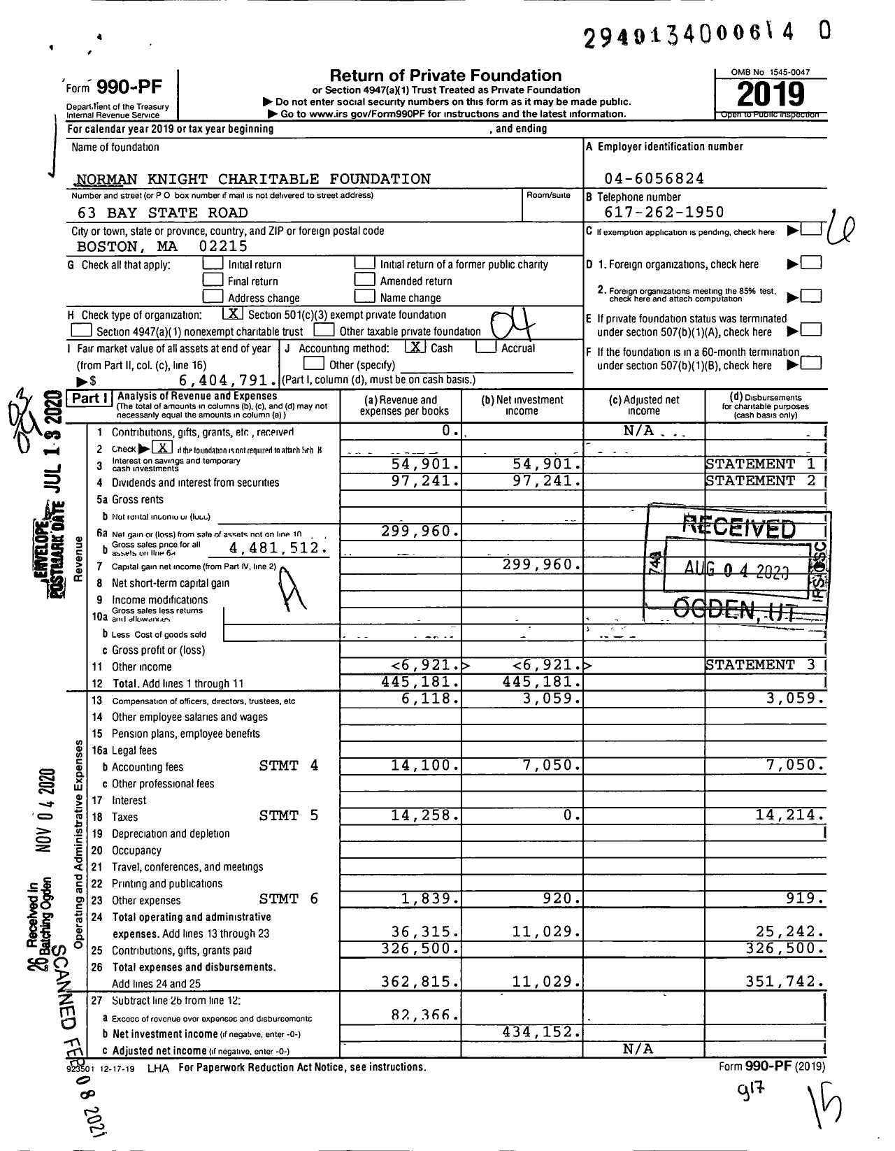 Image of first page of 2019 Form 990PF for Norman Knight Charitable Foundation