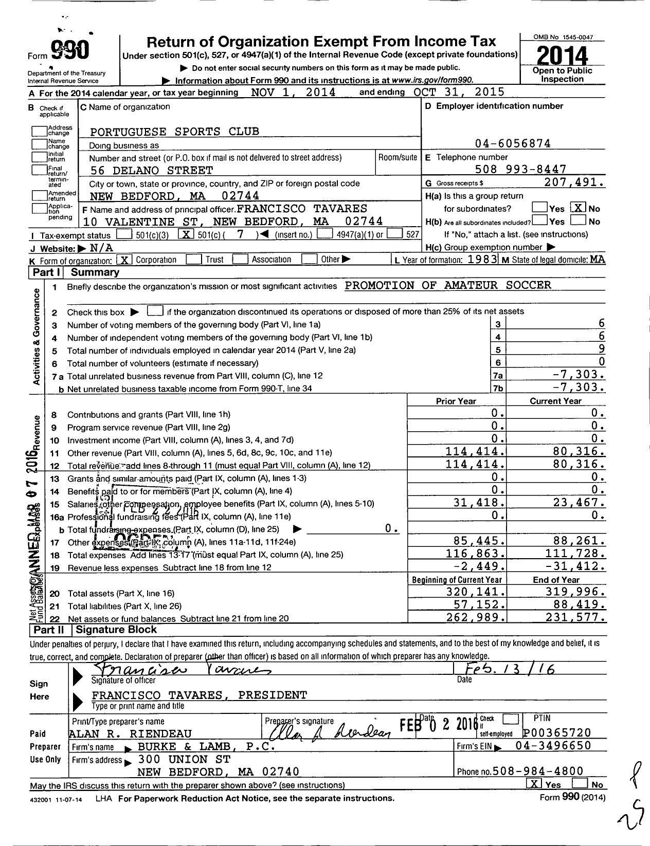 Image of first page of 2014 Form 990O for Portuguese Sports Club