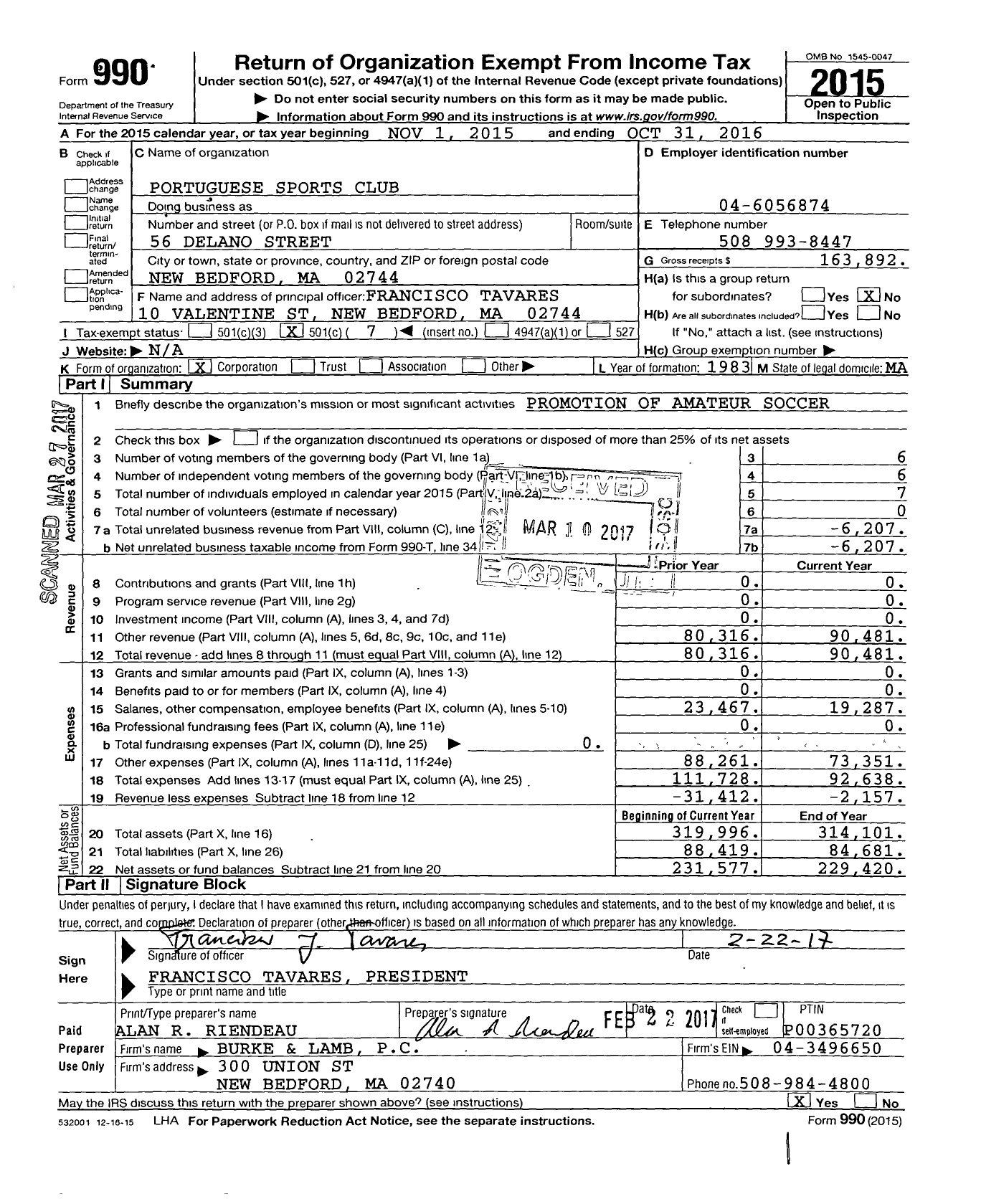 Image of first page of 2015 Form 990O for Portuguese Sports Club