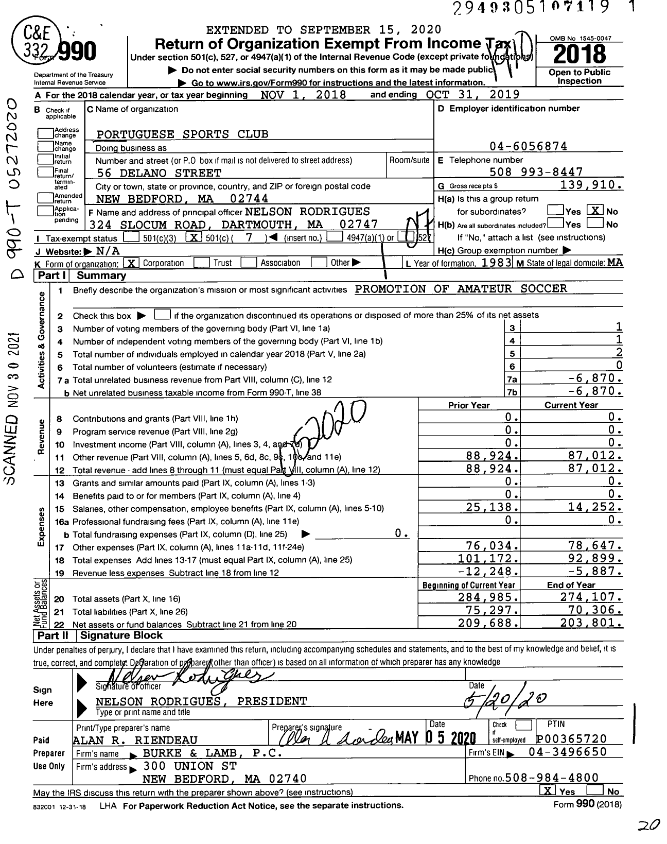 Image of first page of 2018 Form 990O for Portuguese Sports Club