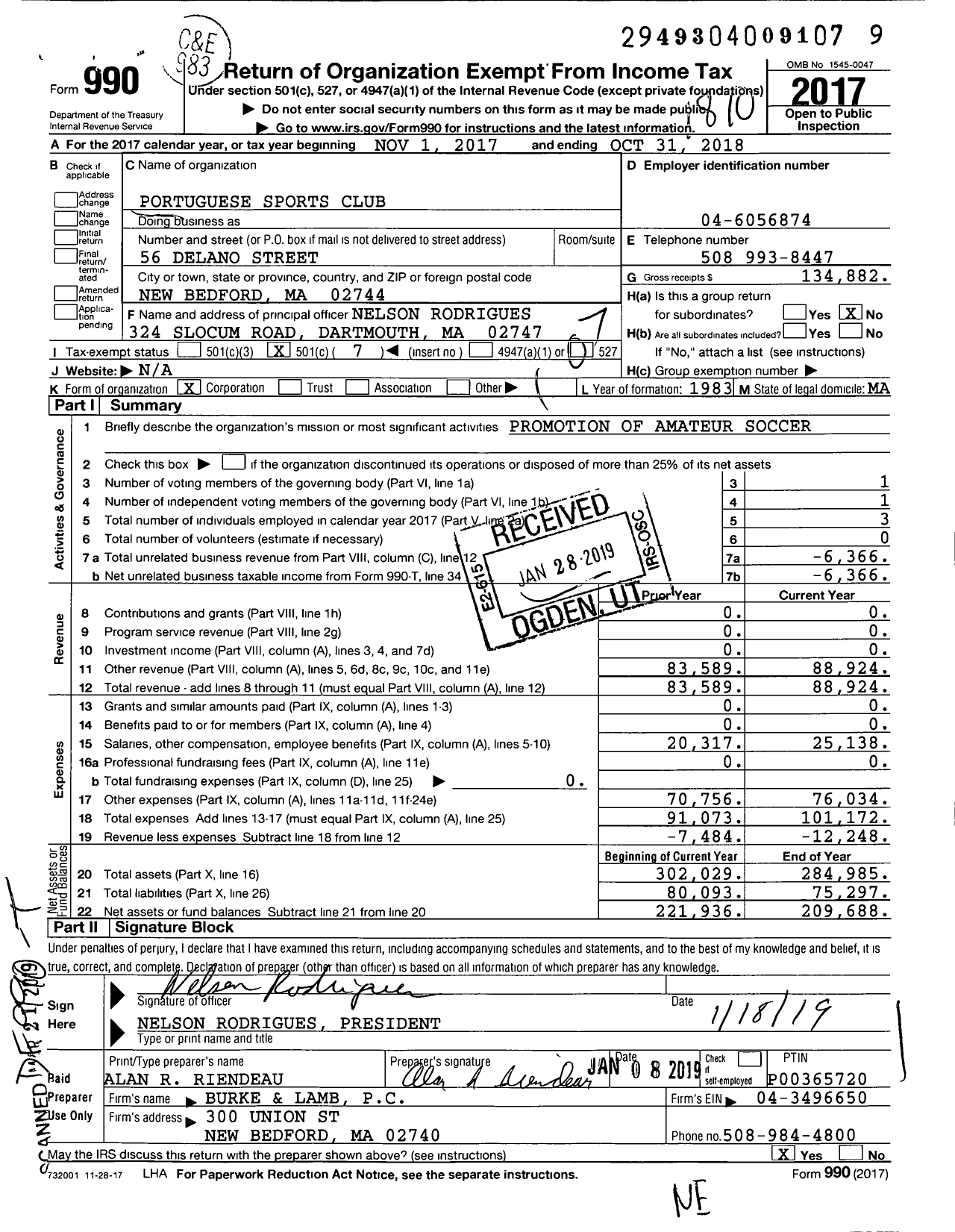 Image of first page of 2017 Form 990O for Portuguese Sports Club