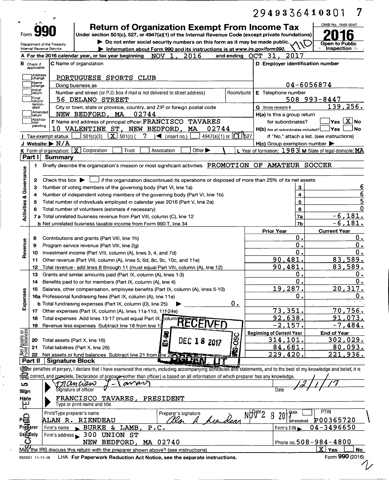 Image of first page of 2016 Form 990O for Portuguese Sports Club