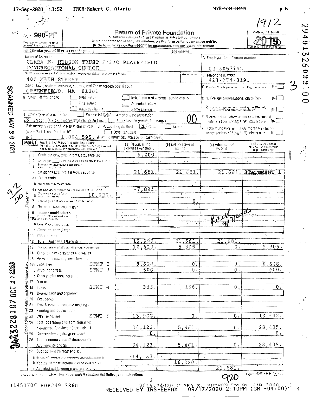 Image of first page of 2019 Form 990PF for Clara E Hudson Trust Fbo Plainfield Congregational Church