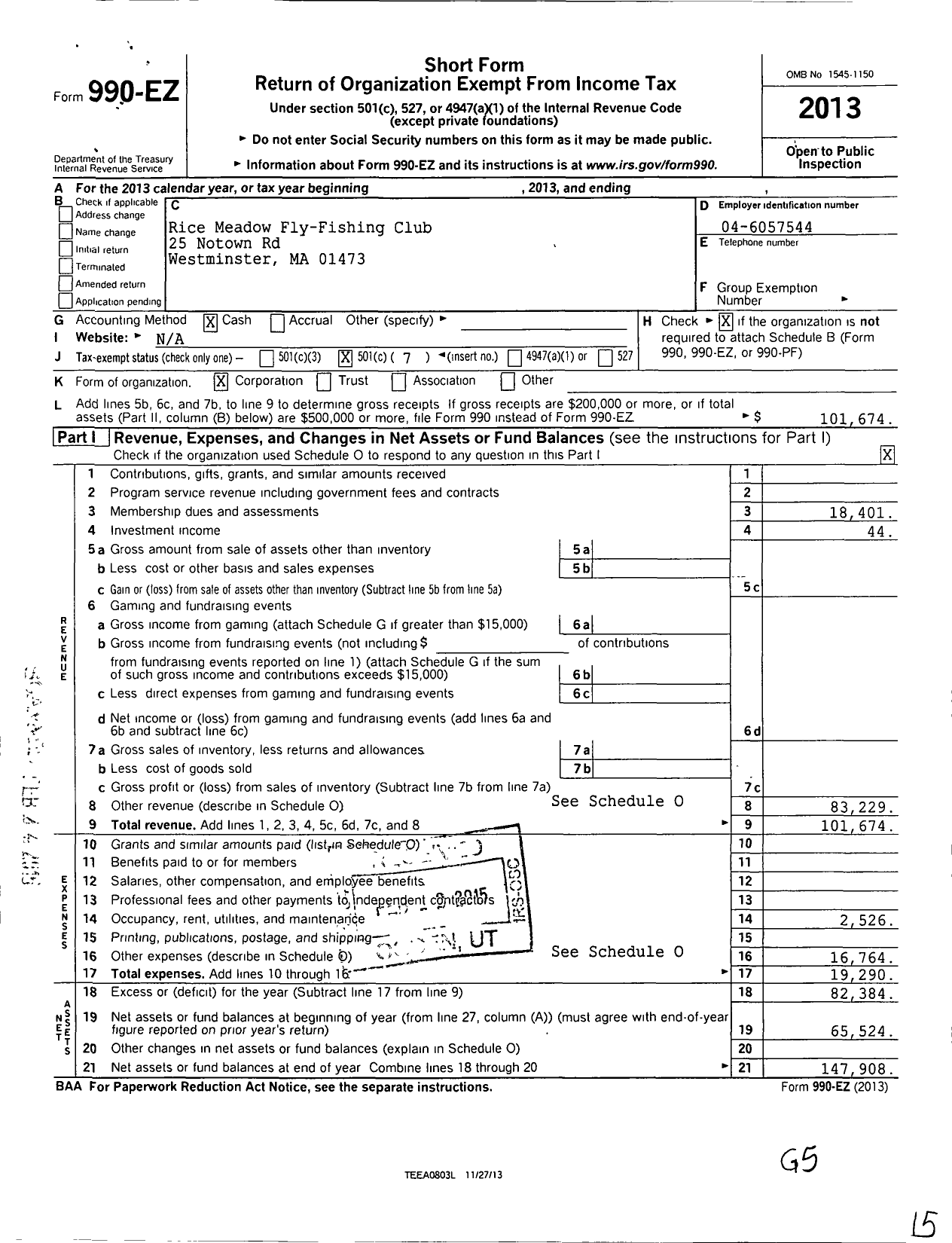 Image of first page of 2013 Form 990EO for Rice Meadow Fly Fishing Club