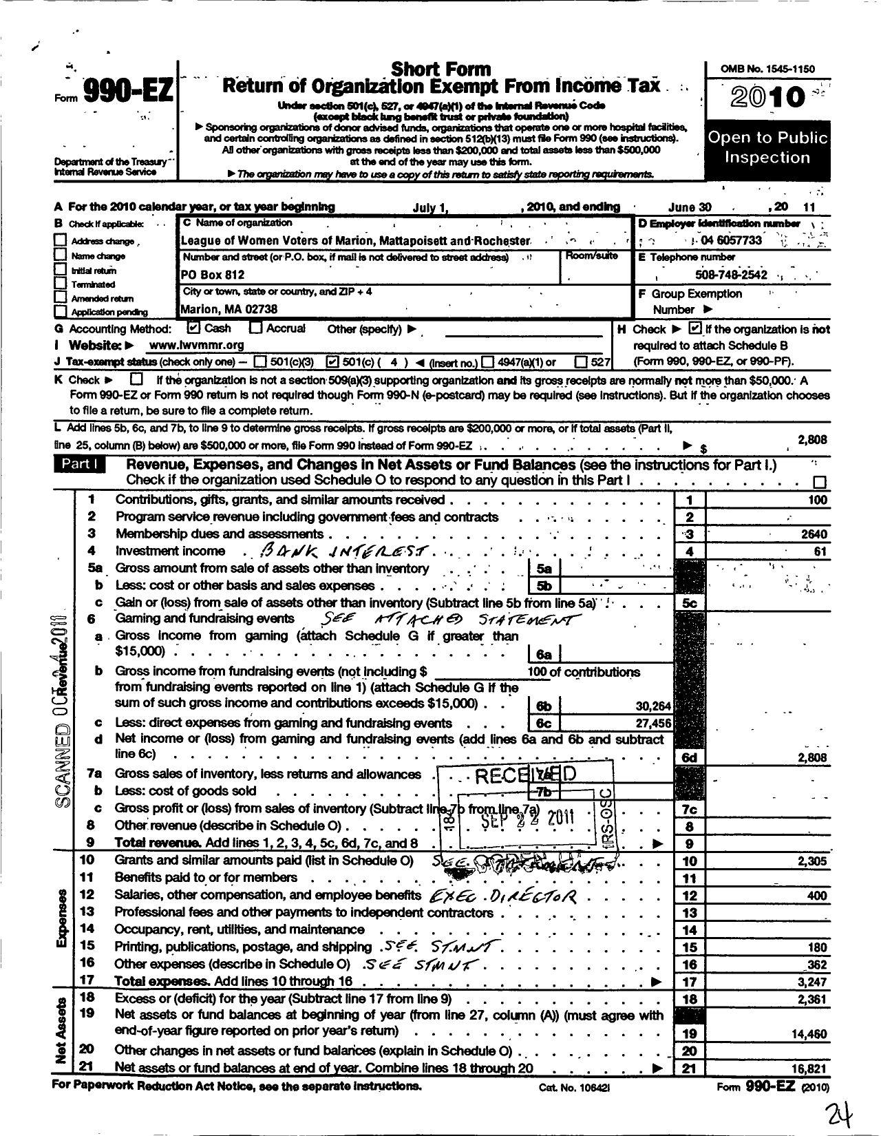 Image of first page of 2010 Form 990EO for League of Women Voters South Coast