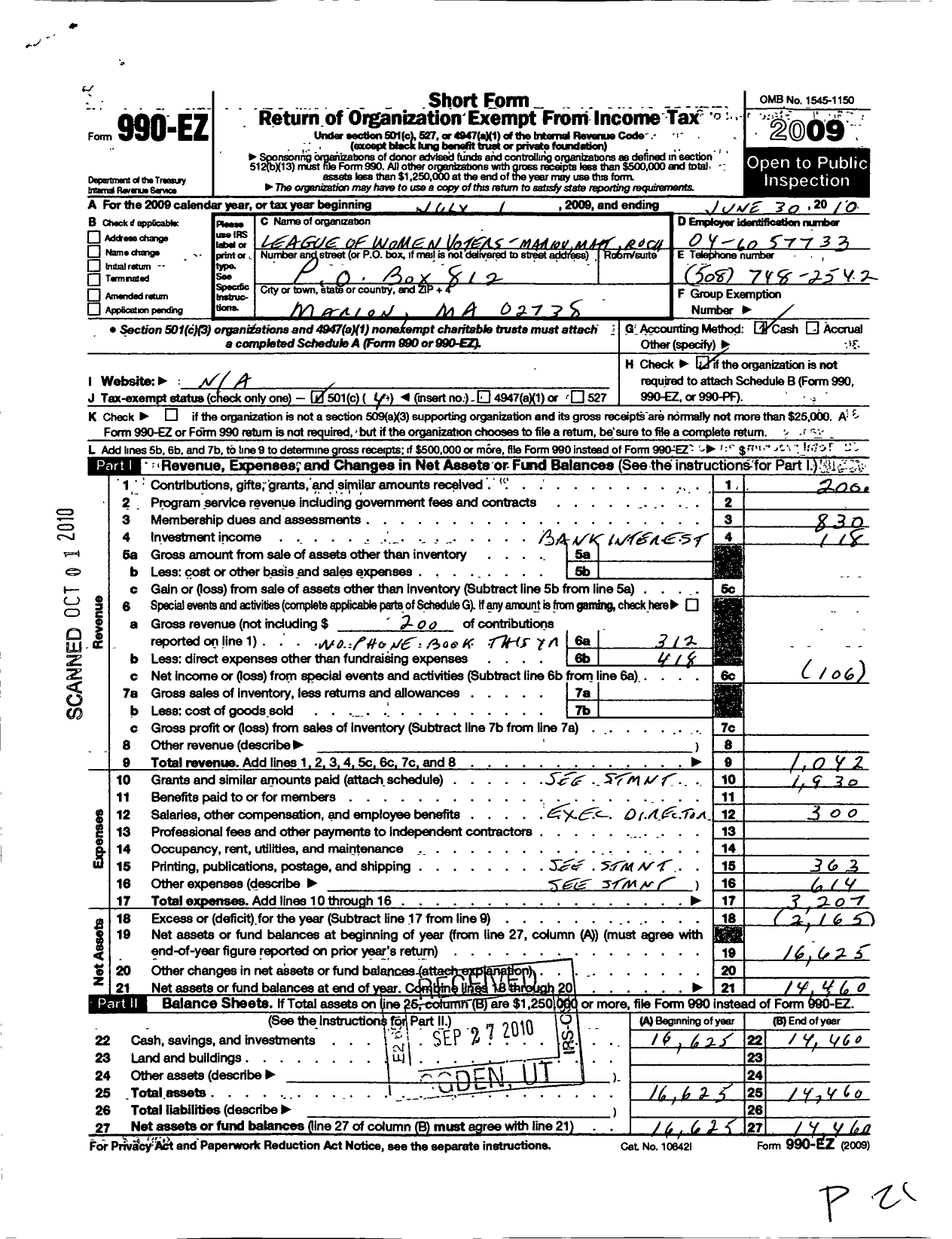 Image of first page of 2009 Form 990EO for League of Women Voters South Coast