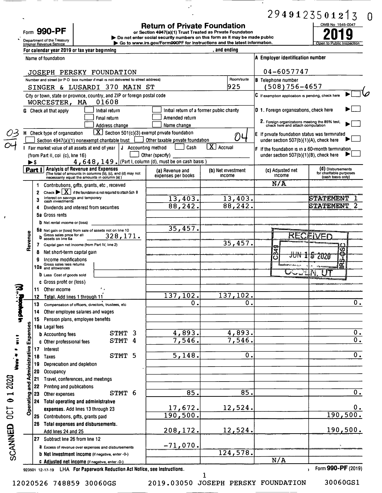 Image of first page of 2019 Form 990PR for Joseph Persky Foundation