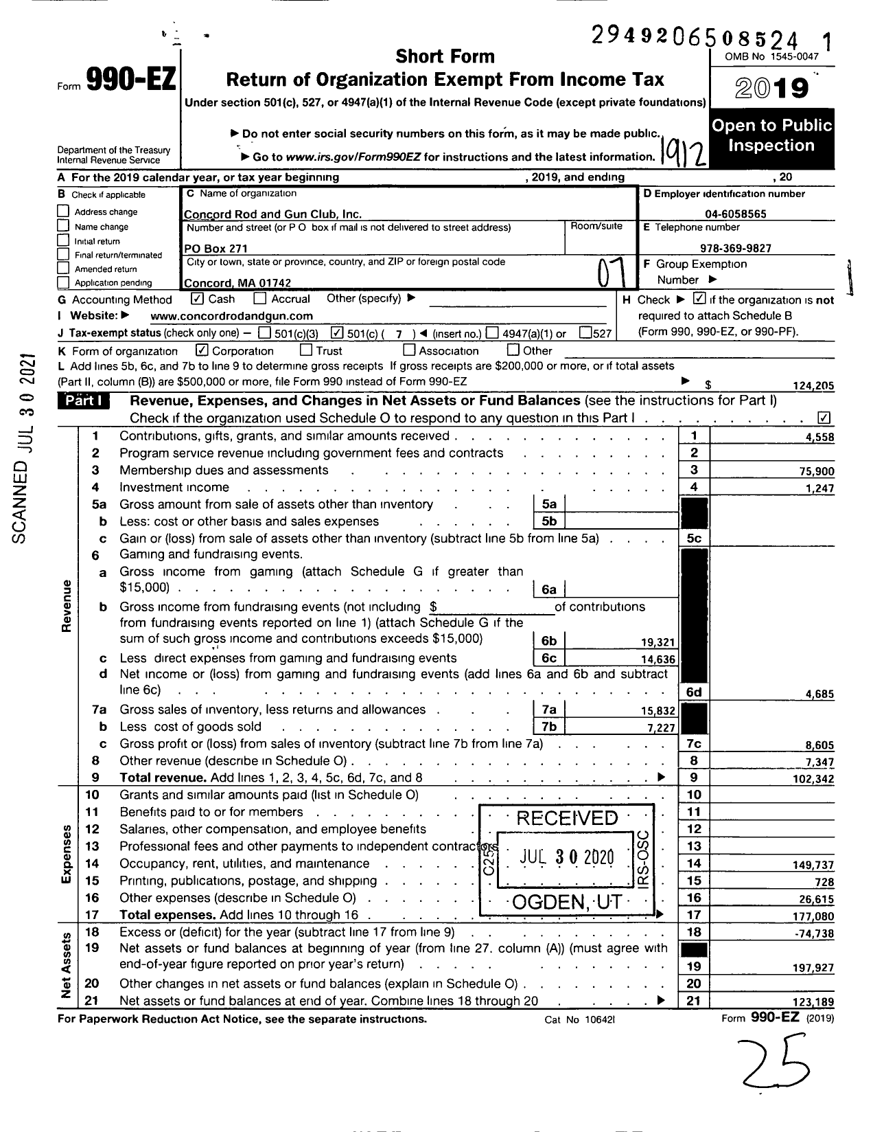 Image of first page of 2019 Form 990EO for Concord Rod and Gun Club