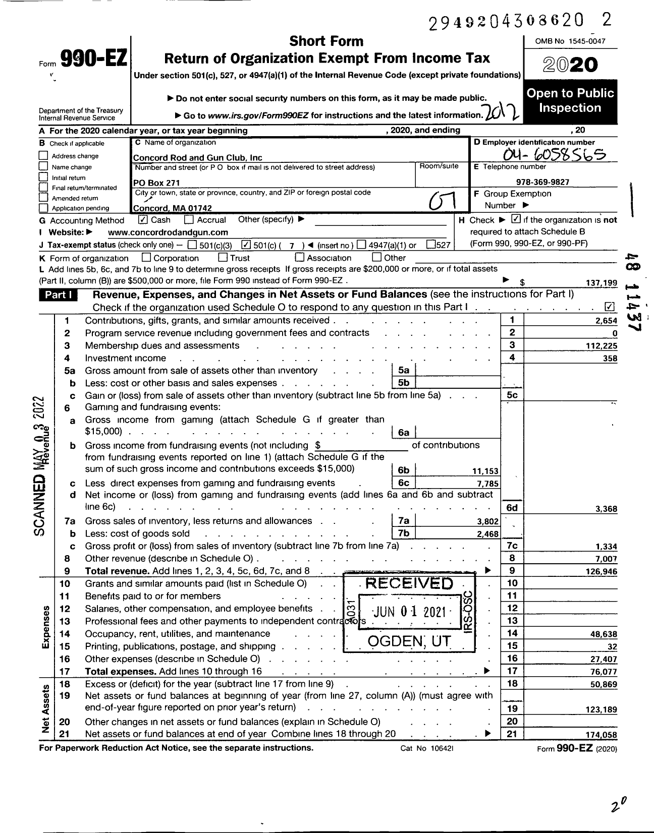 Image of first page of 2020 Form 990EO for Concord Rod and Gun Club