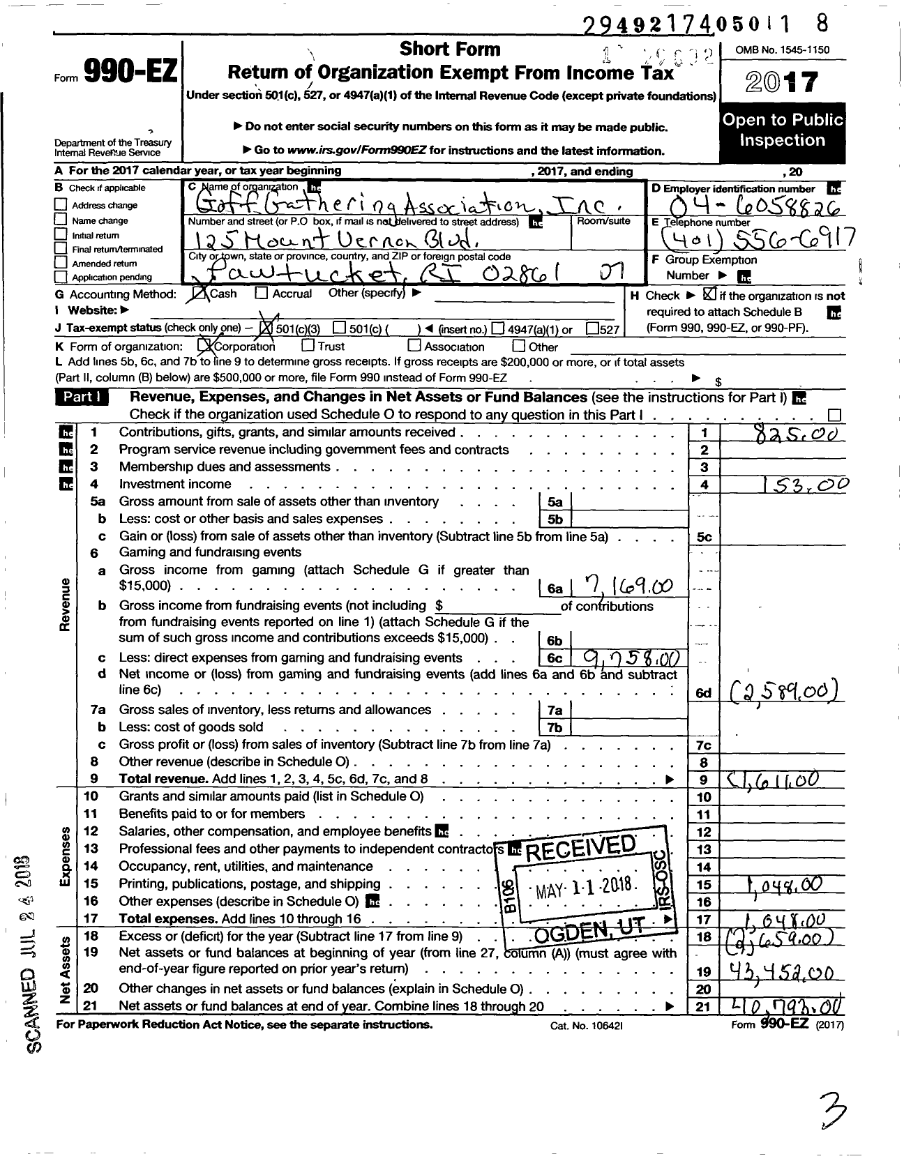 Image of first page of 2017 Form 990EO for Goff Gathering Association