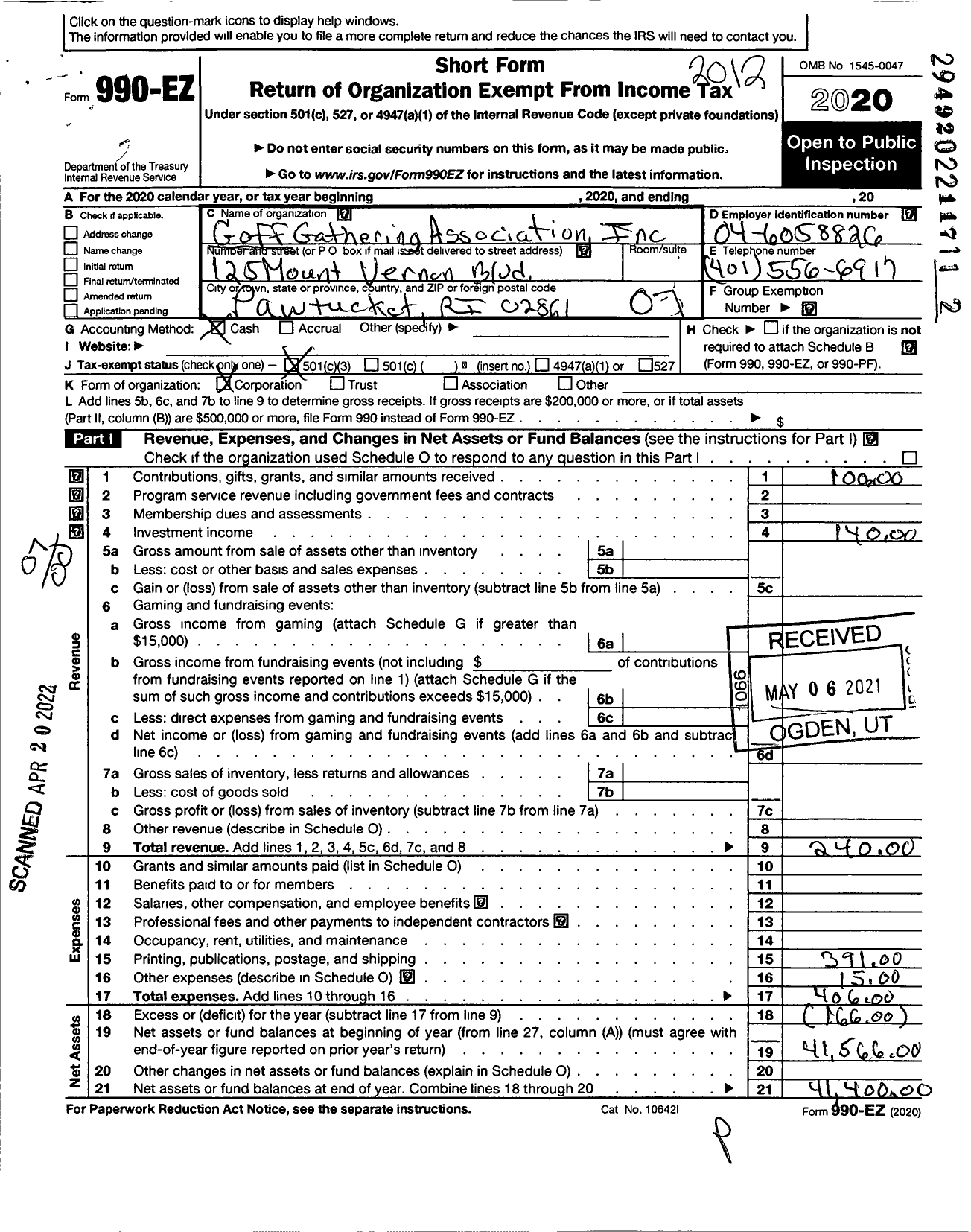 Image of first page of 2020 Form 990EO for Goff Gathering Association