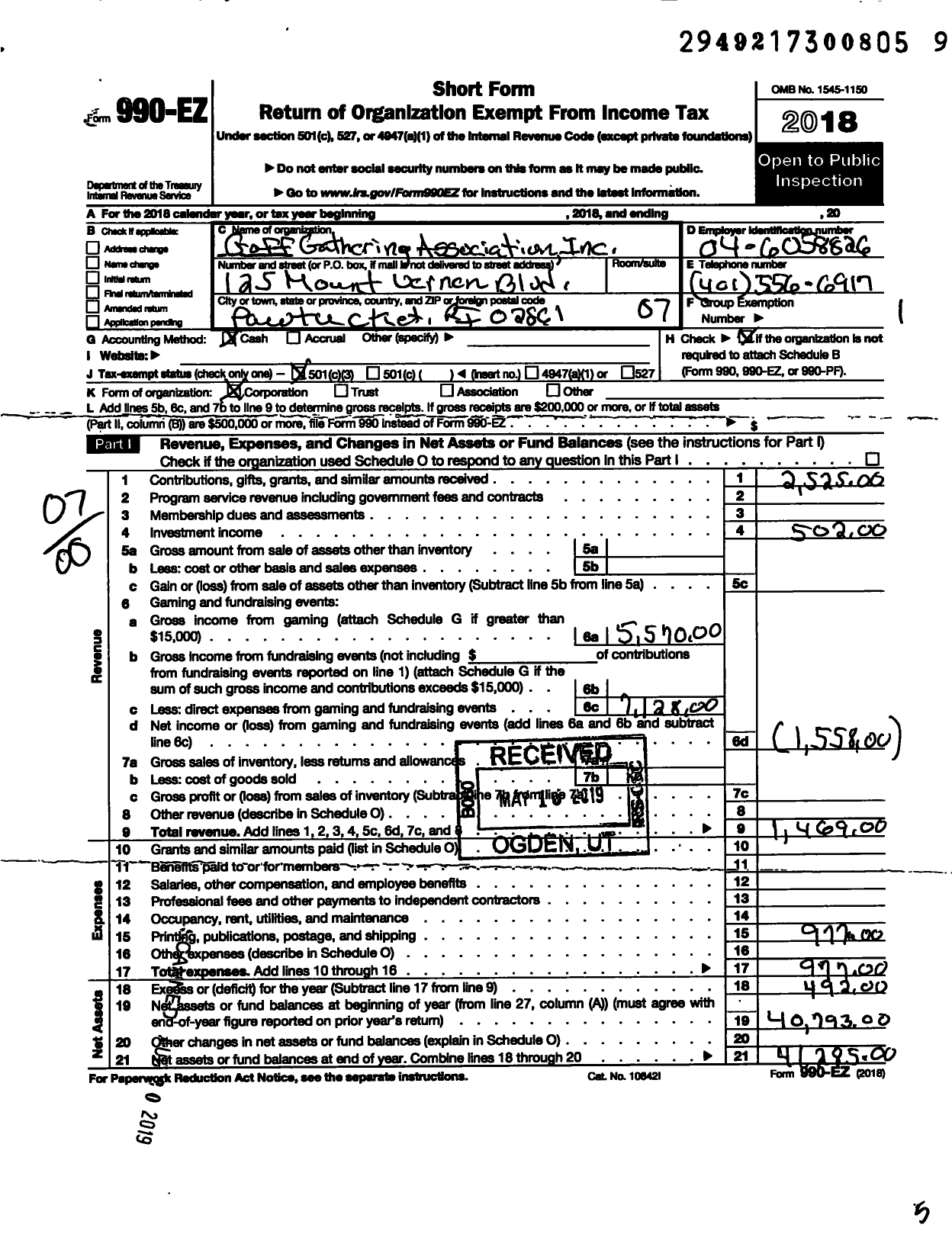 Image of first page of 2018 Form 990EO for Goff Gathering Association