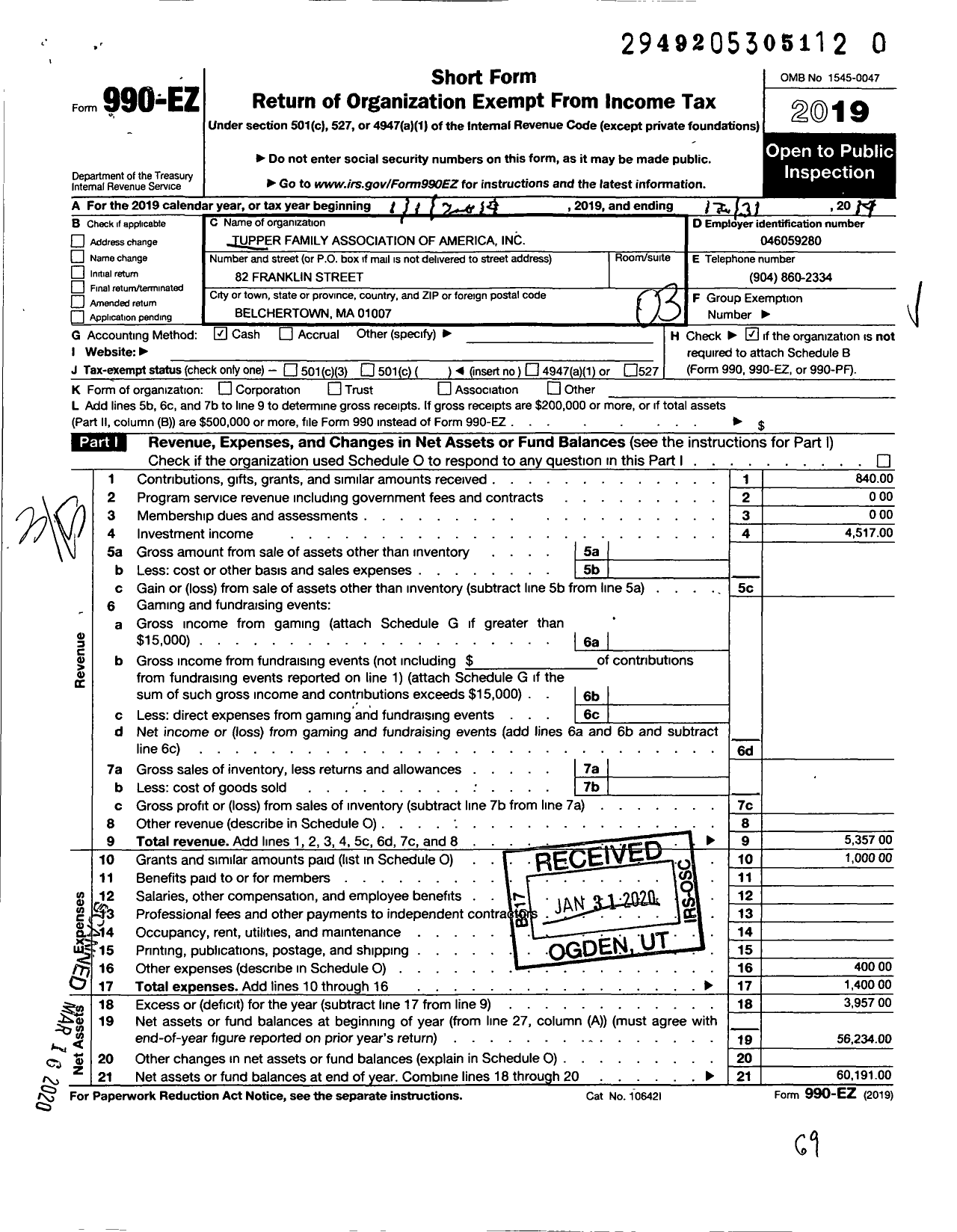 Image of first page of 2019 Form 990EZ for Tupper Family Association of America