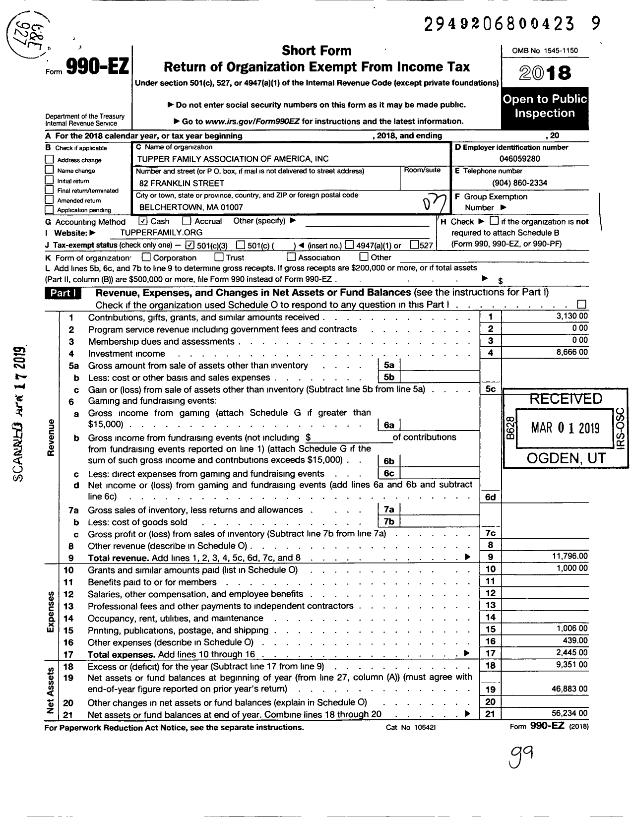 Image of first page of 2018 Form 990EZ for Tupper Family Association of America