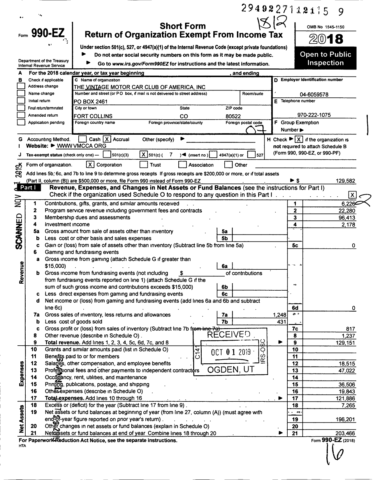 Image of first page of 2018 Form 990EO for The Vintage Motor Car Club of America