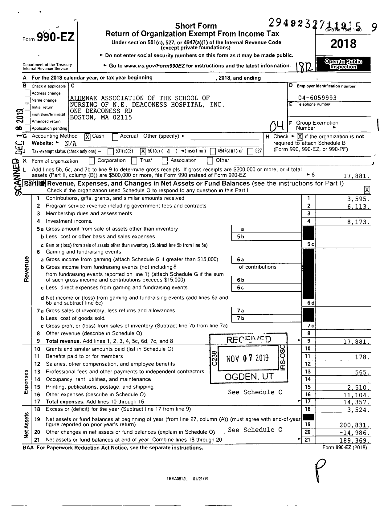 Image of first page of 2018 Form 990EO for Alumnae Association of the School of Nursing of Ne Deaconess Hospital