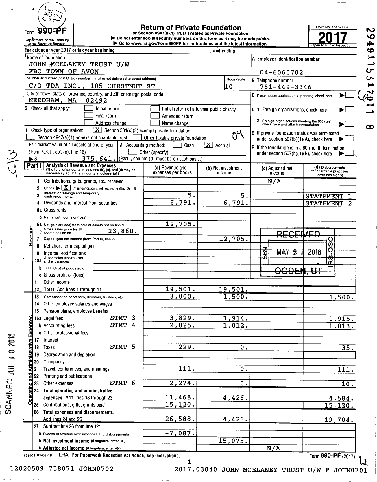 Image of first page of 2017 Form 990PF for John Mcelaney Trust Uw Fbo Town of Avon