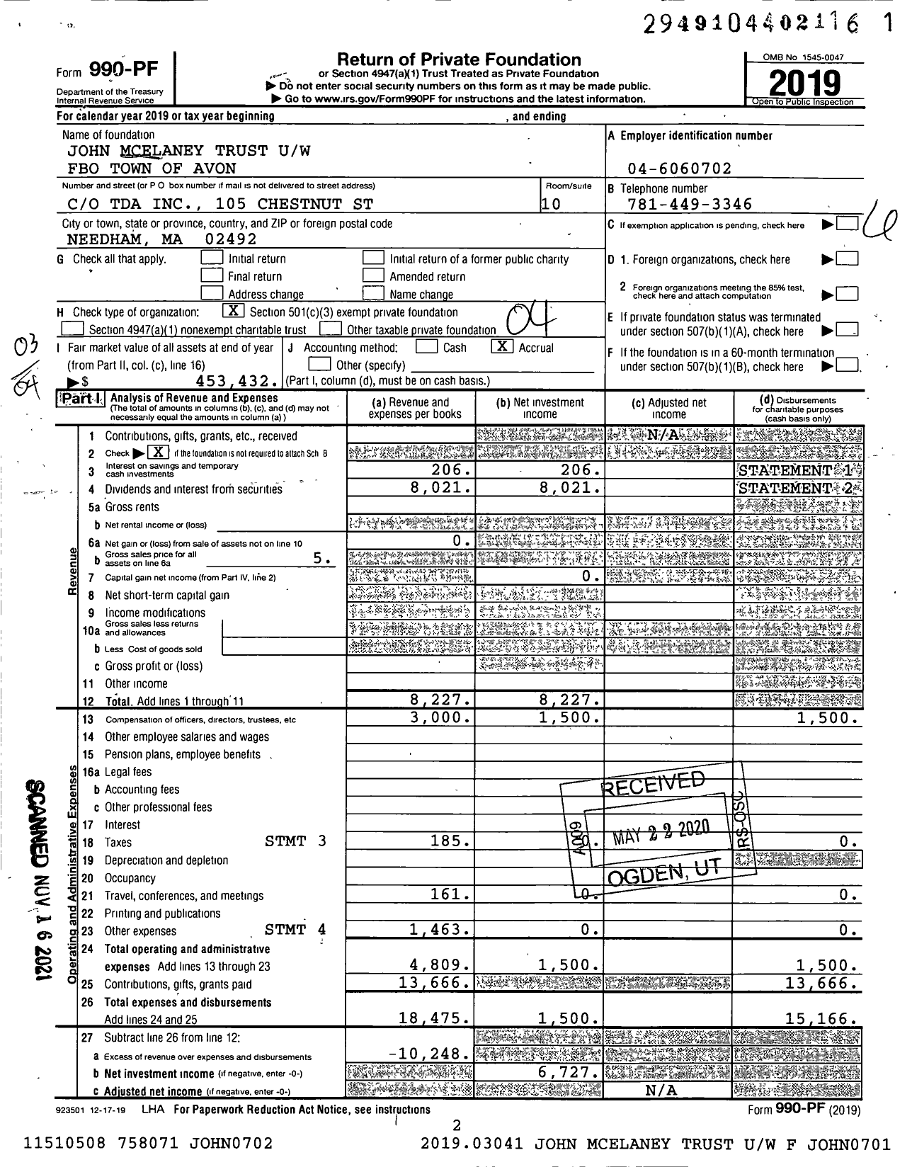 Image of first page of 2019 Form 990PF for John Mcelaney Trust Uw Fbo Town of Avon