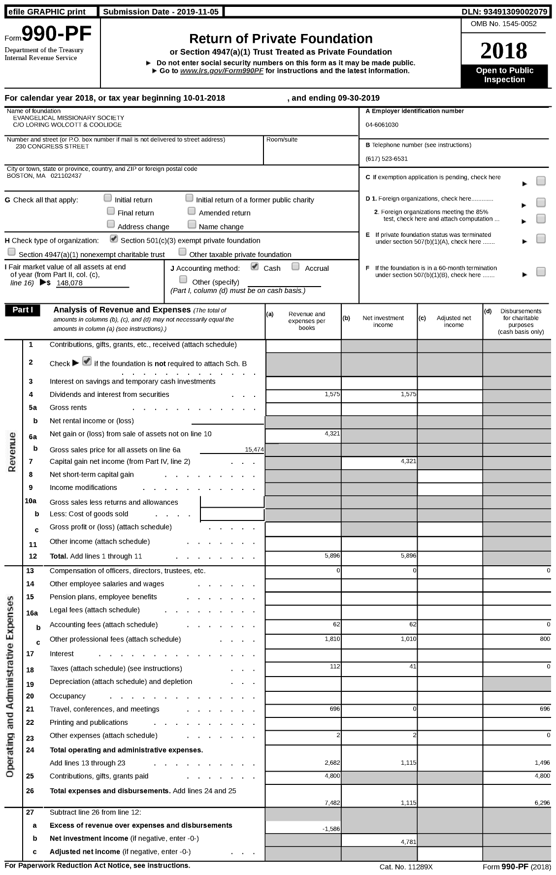 Image of first page of 2018 Form 990PF for Evangelical Missionary Society in Massachusetts