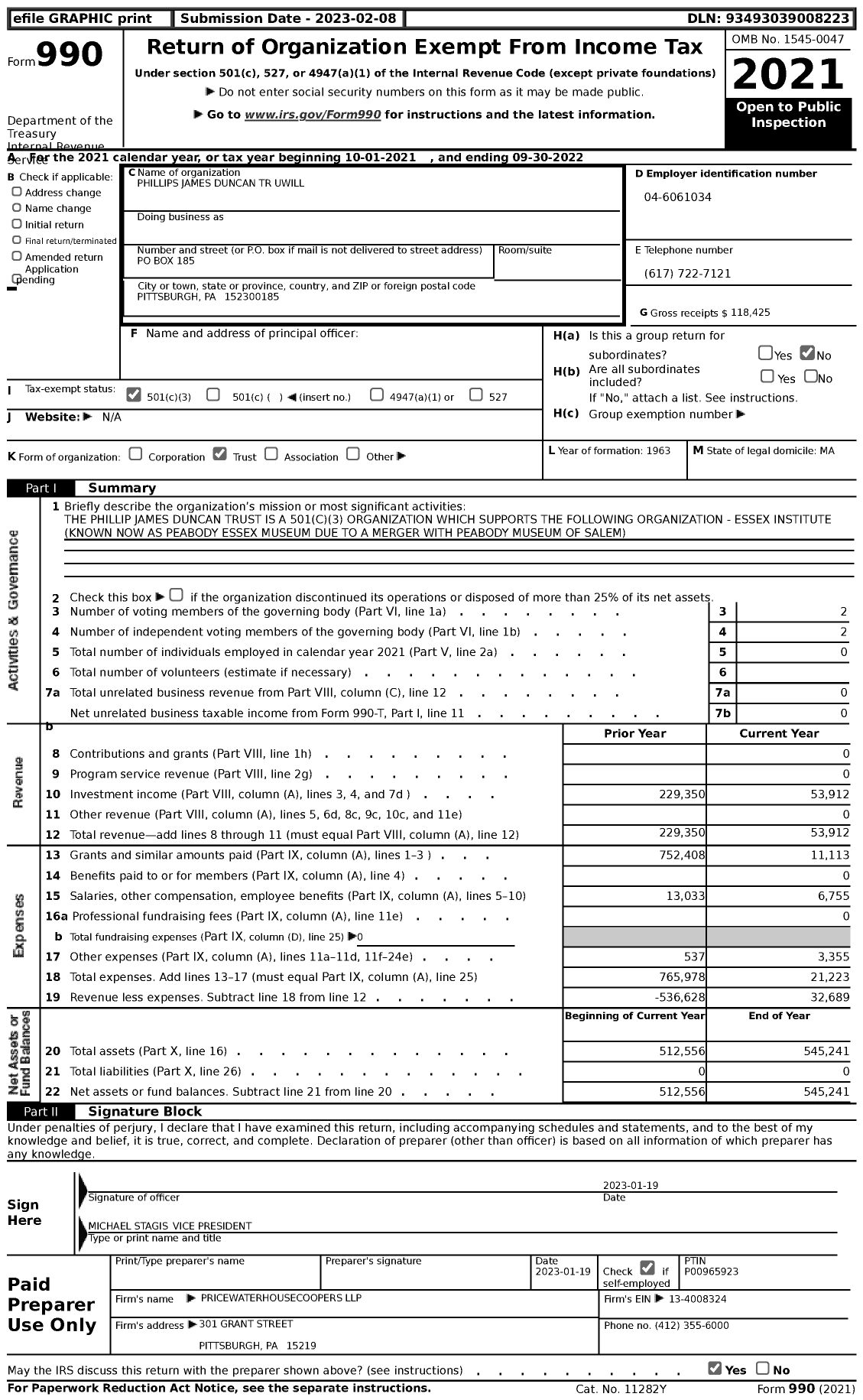 Image of first page of 2021 Form 990 for Phillips James Duncan TR Uwill