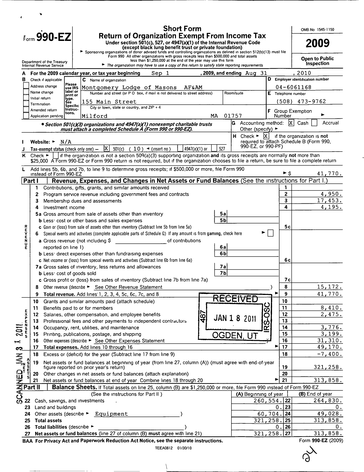 Image of first page of 2009 Form 990EO for Massachusetts Freemasons - Montgomery Lodge