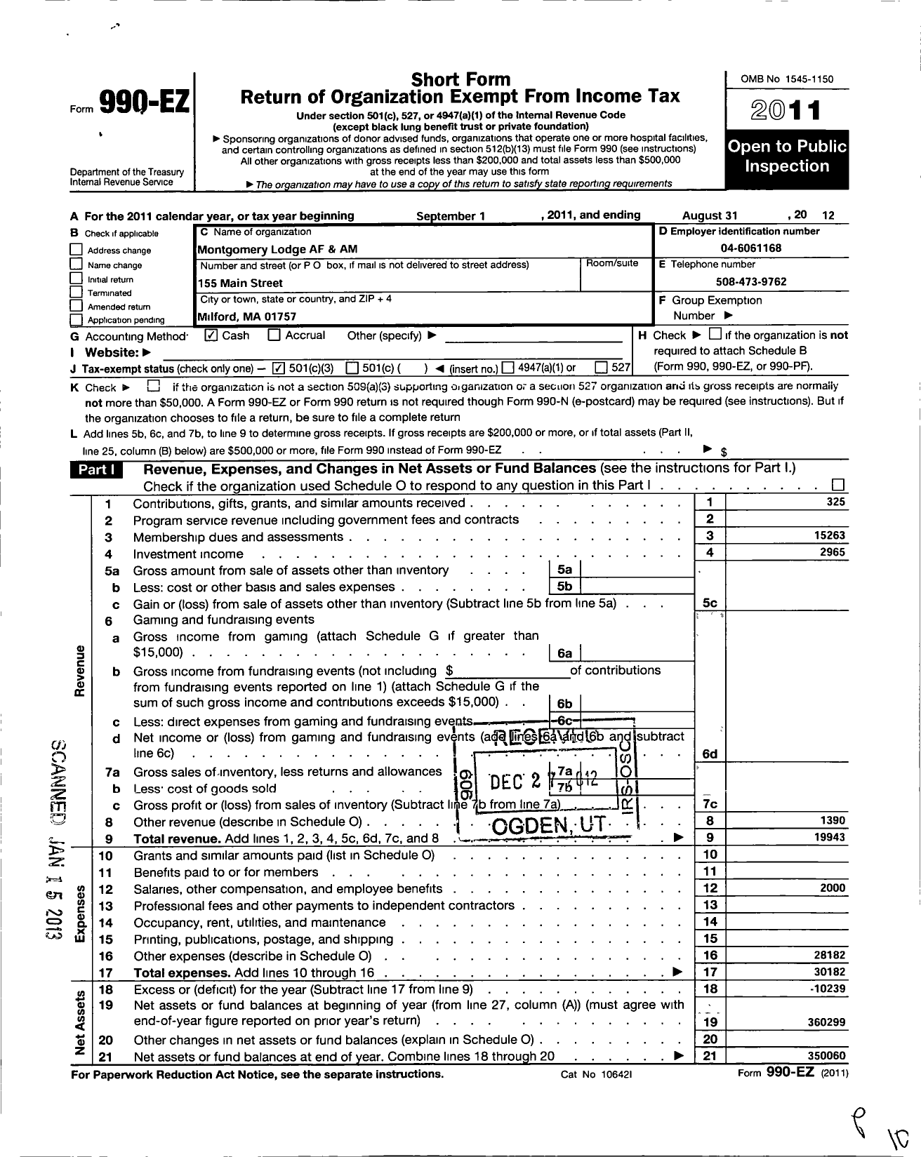 Image of first page of 2011 Form 990EZ for Massachusetts Freemasons - Montgomery Lodge