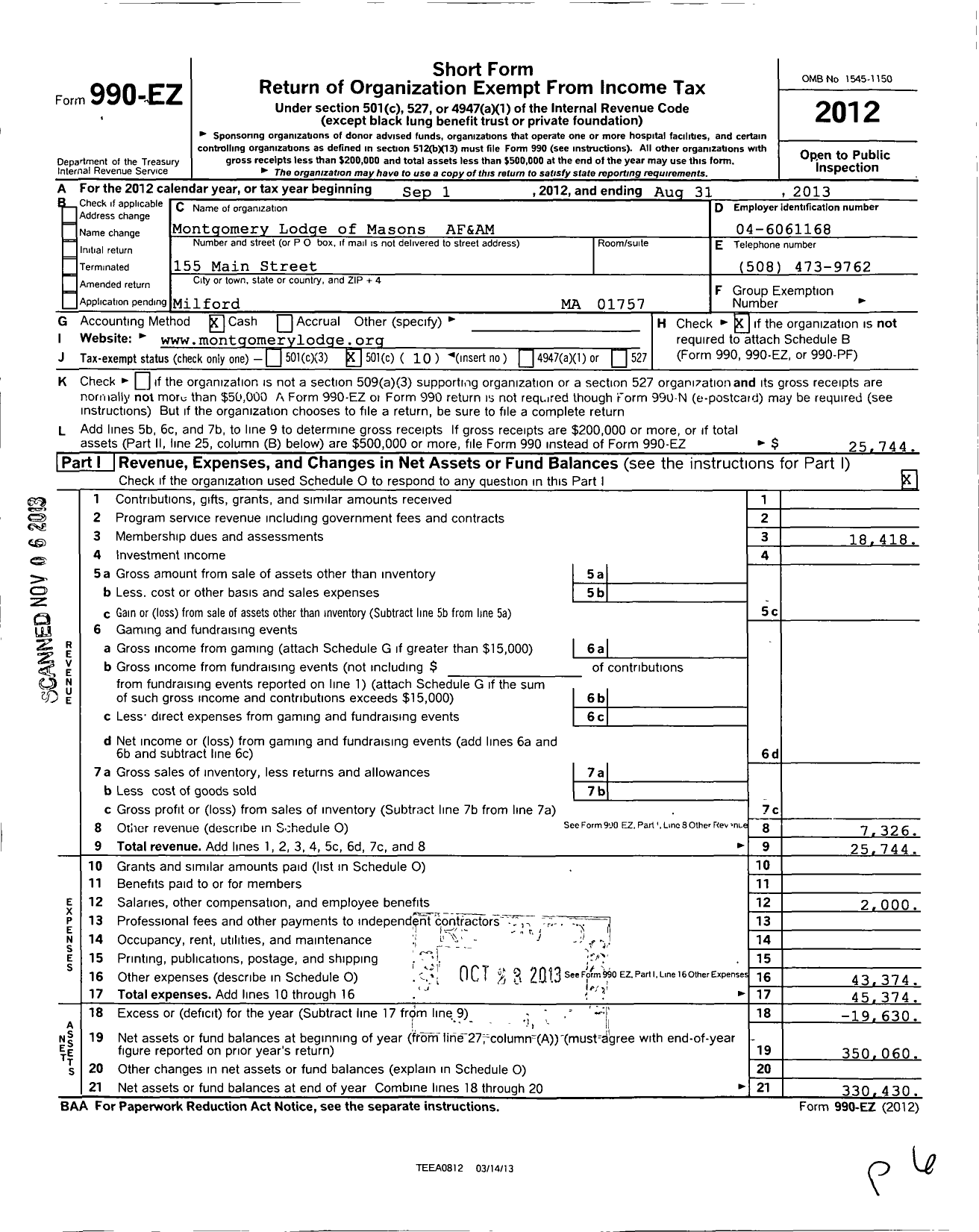 Image of first page of 2012 Form 990EO for Massachusetts Freemasons - Montgomery Lodge