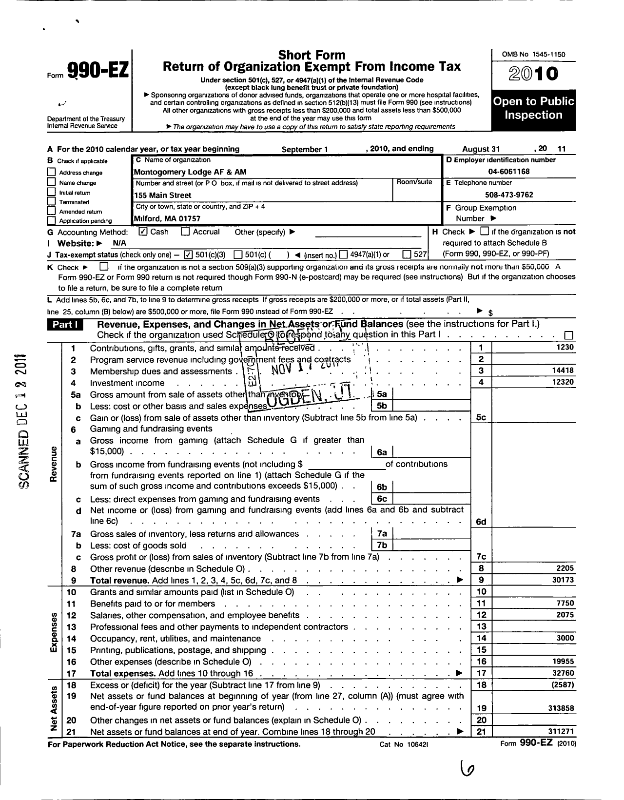 Image of first page of 2010 Form 990EZ for Massachusetts Freemasons - Montgomery Lodge