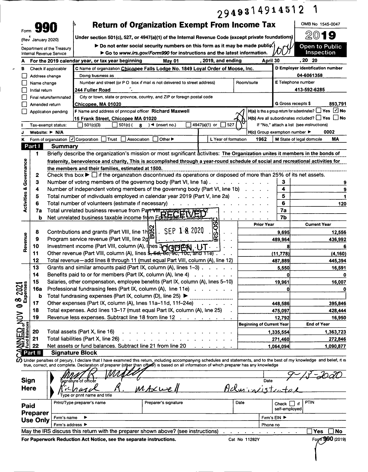 Image of first page of 2019 Form 990O for Loyal Order of Moose - 1849