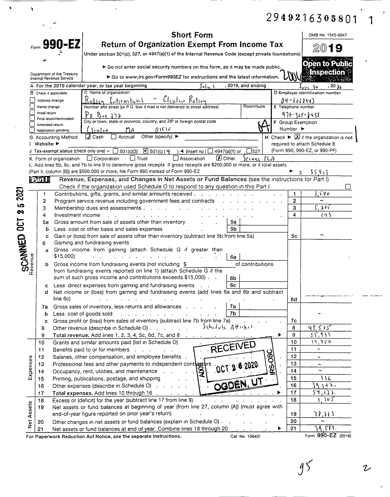 Image of first page of 2019 Form 990EO for Rotary International - Clinton Rotary Club