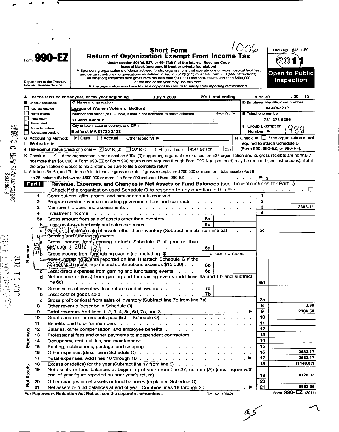 Image of first page of 2009 Form 990EZ for League of Women Voters of Massachusetts / Bedford