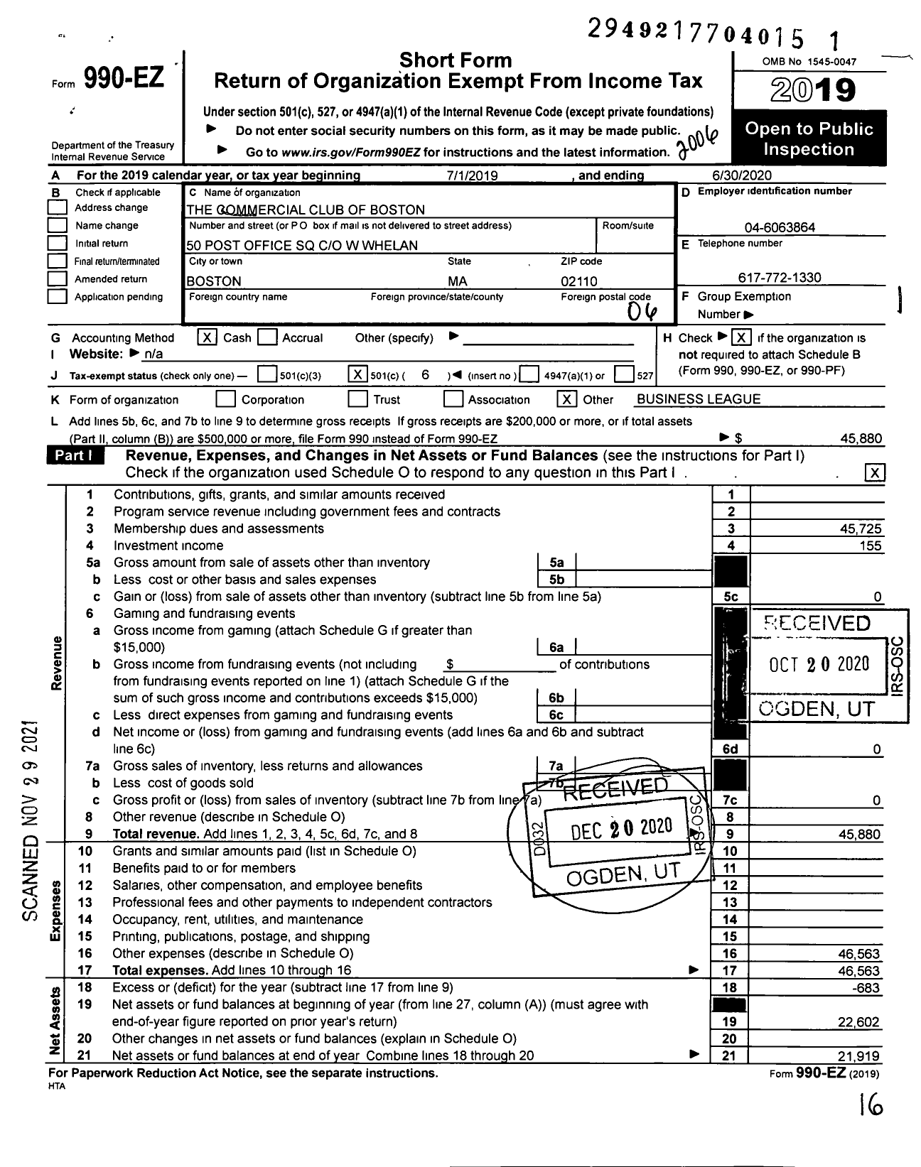 Image of first page of 2019 Form 990EO for Commercial Club of Boston