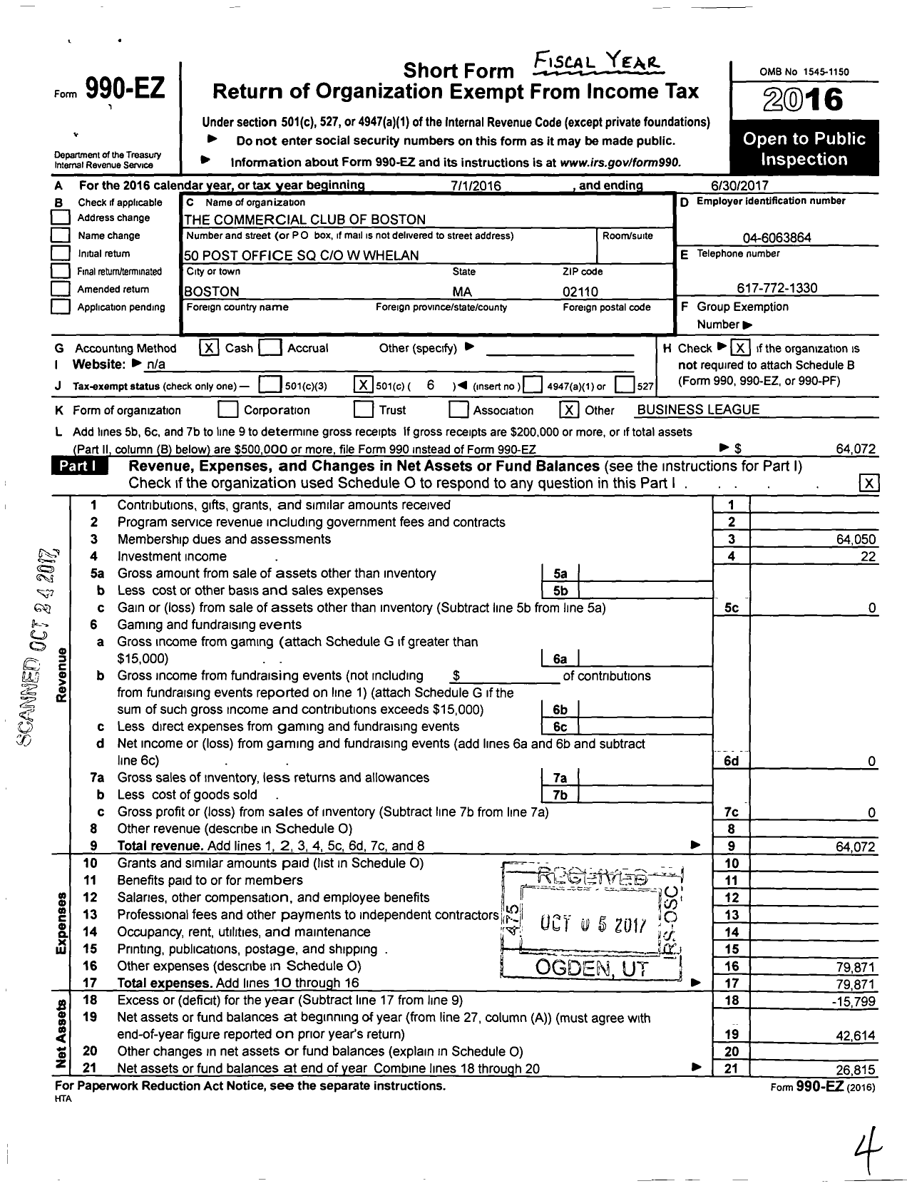 Image of first page of 2016 Form 990EO for Commercial Club of Boston