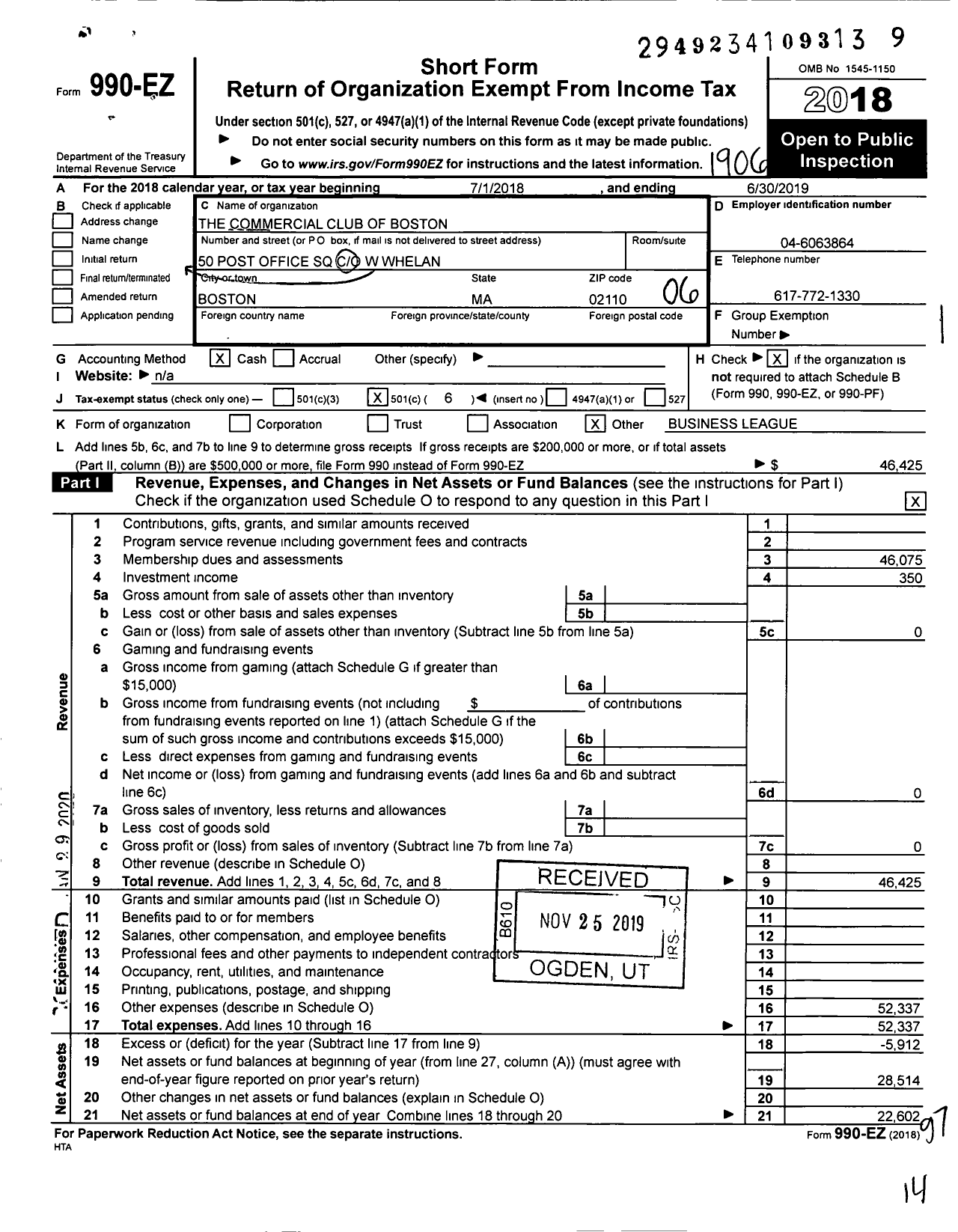 Image of first page of 2018 Form 990EO for Commercial Club of Boston