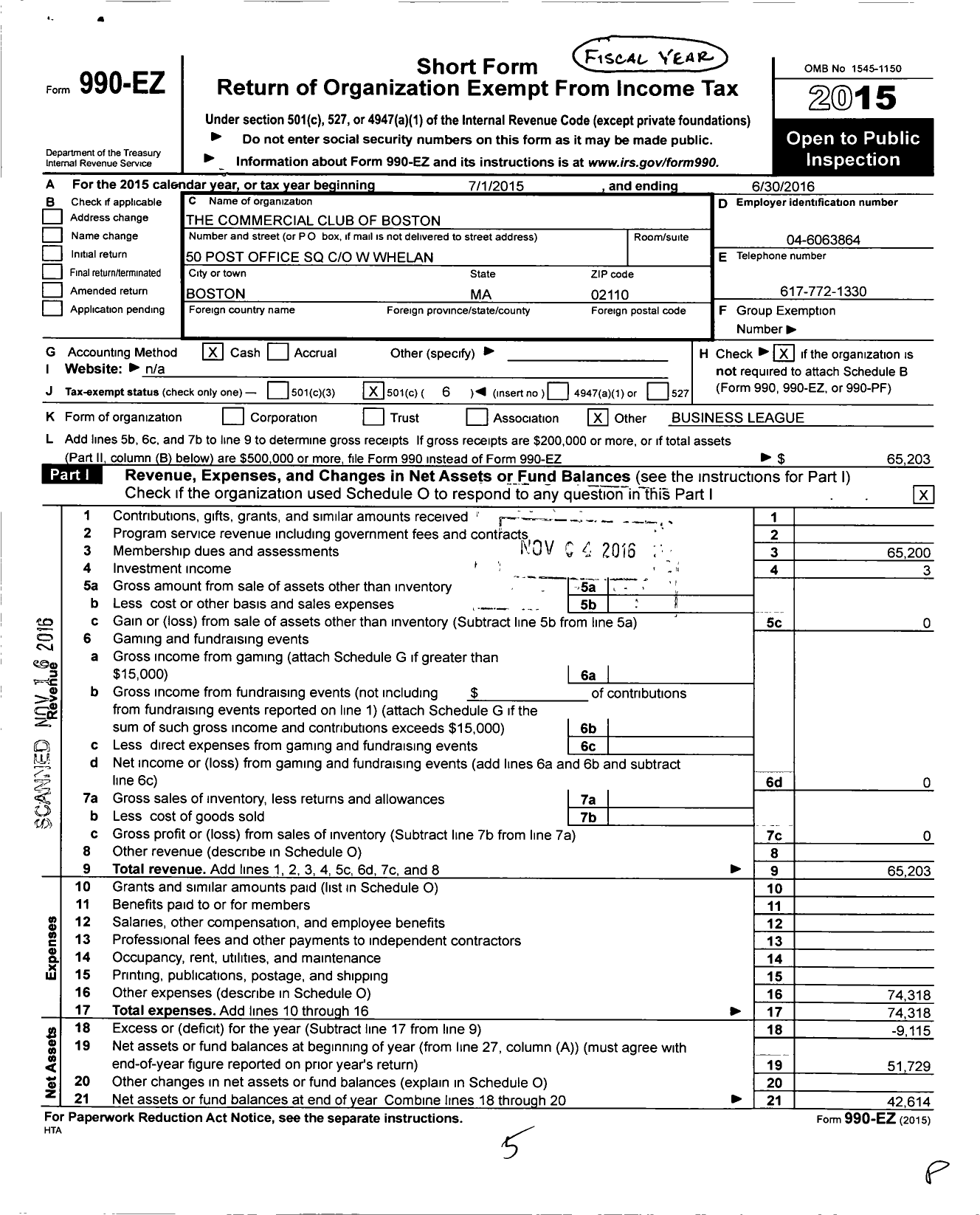 Image of first page of 2015 Form 990EO for Commercial Club of Boston