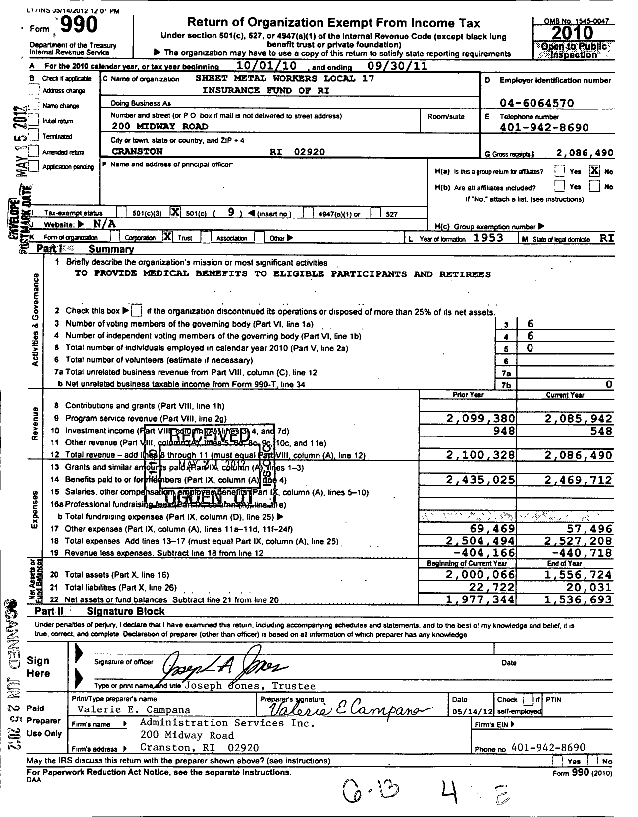 Image of first page of 2010 Form 990O for Sheet Metal Workers Union 17 Insurance Fund of Rhode Island