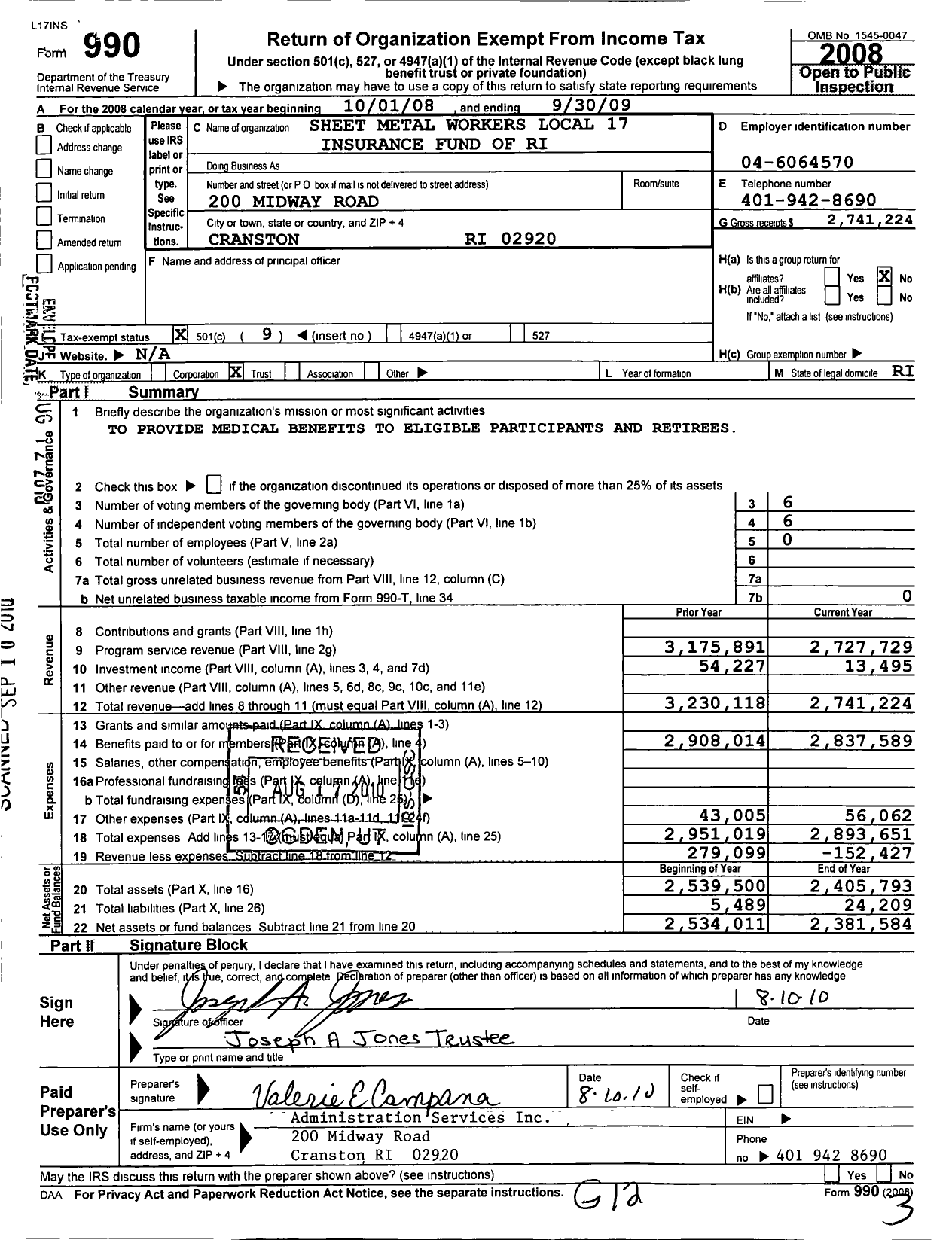 Image of first page of 2008 Form 990O for Sheet Metal Workers Union 17 Insurance Fund of Rhode Island