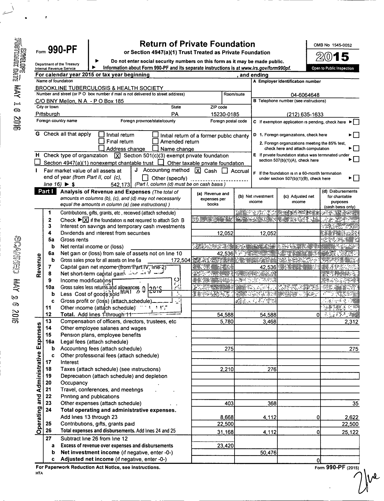 Image of first page of 2015 Form 990PF for Brookline Tuberculosis Health Society