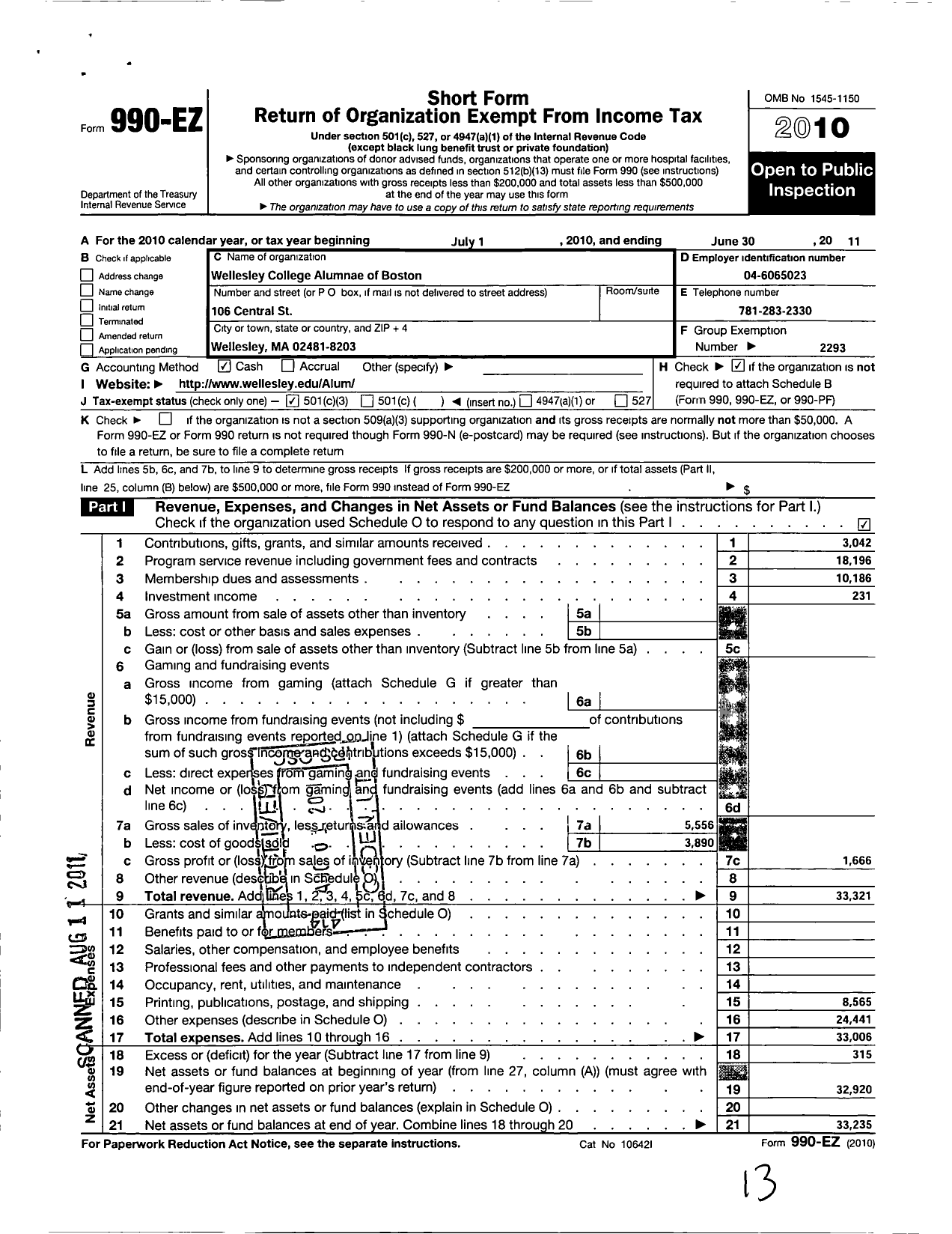 Image of first page of 2010 Form 990EZ for Wellesley College Alumnae Association