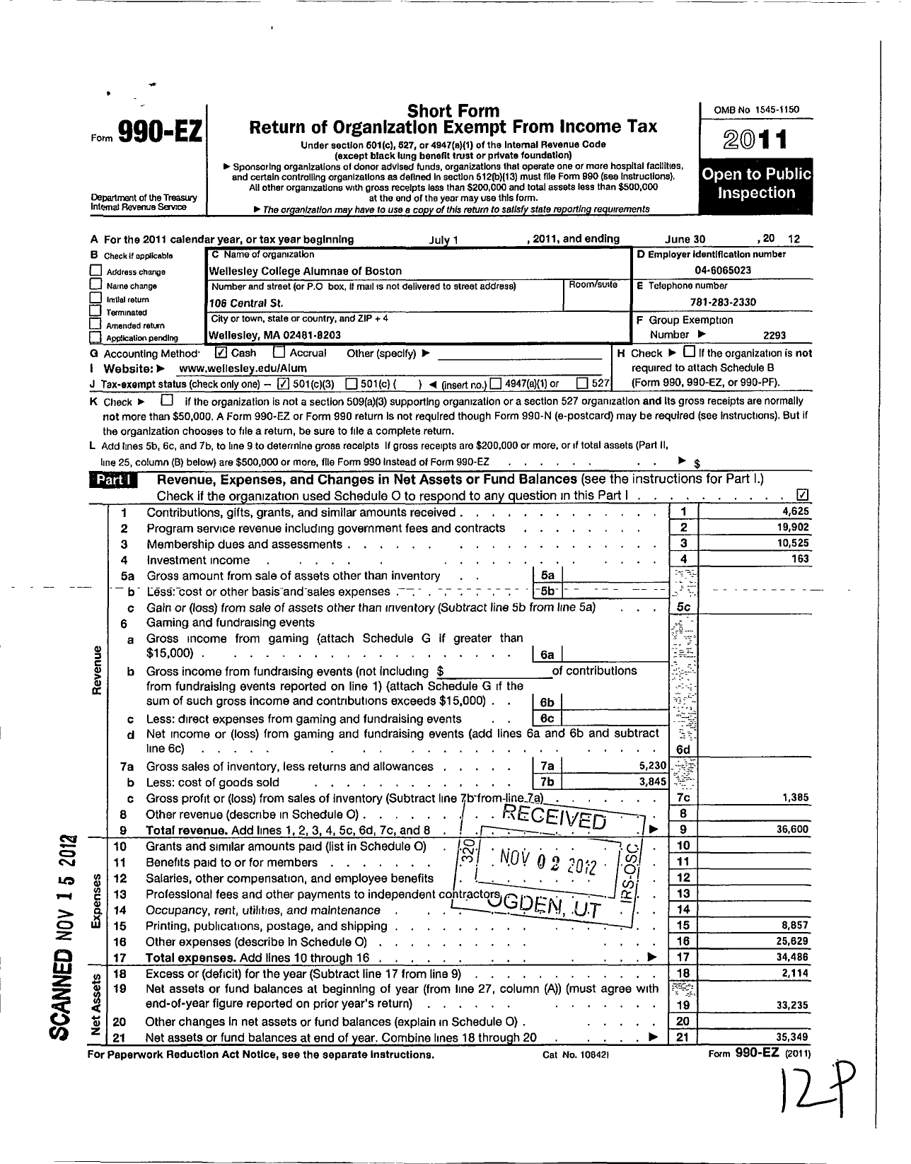 Image of first page of 2011 Form 990EZ for Wellesley College Alumnae Association