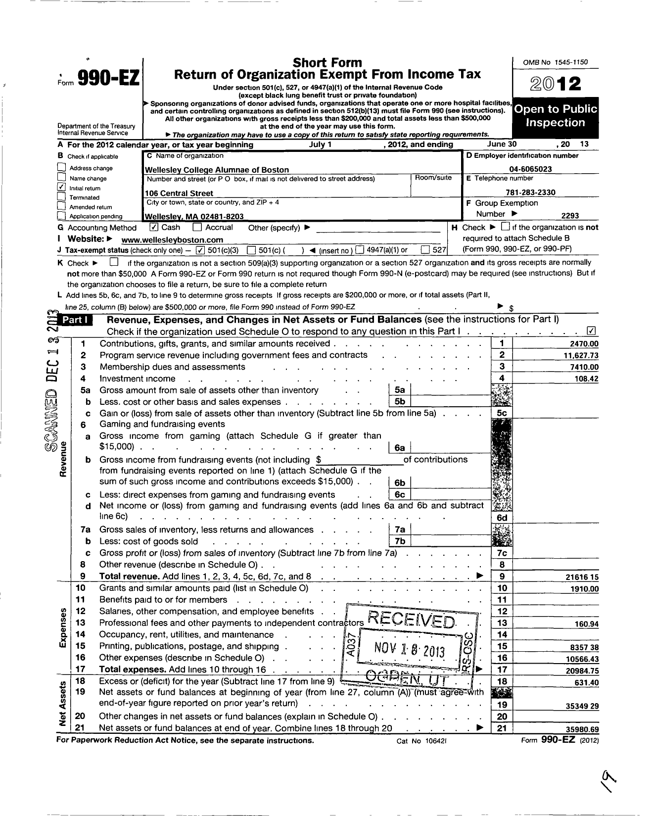 Image of first page of 2012 Form 990EZ for Wellesley College Alumnae Association